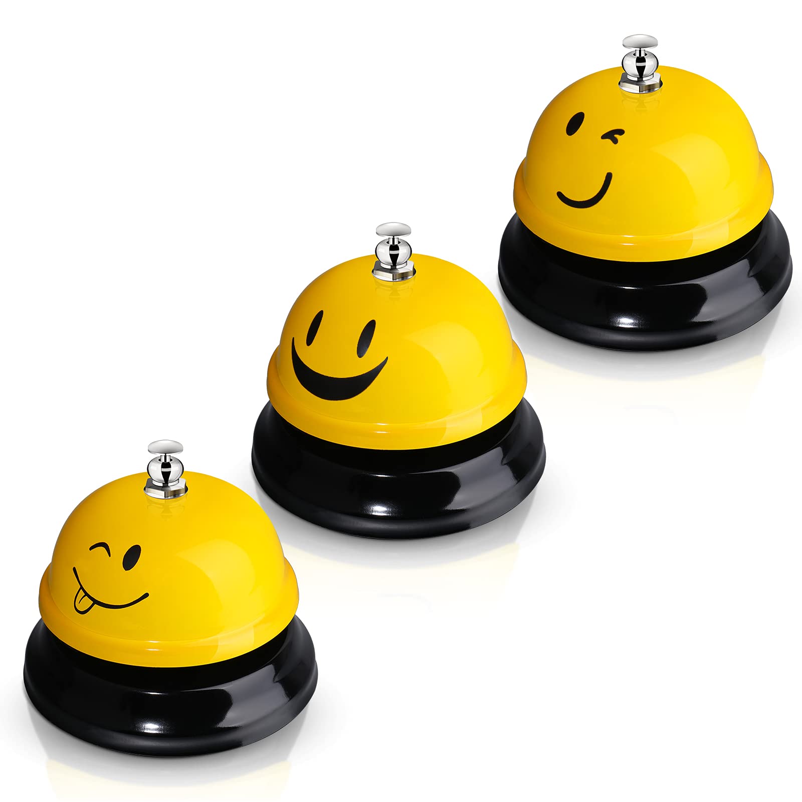 3 Pack Funny Smile Face Metal Call Bells - Desk Service Bell for Kitchen, Hotel, Restaurant & Classroom - Yellow (Ideal for Customer Service, Events & Home Use)