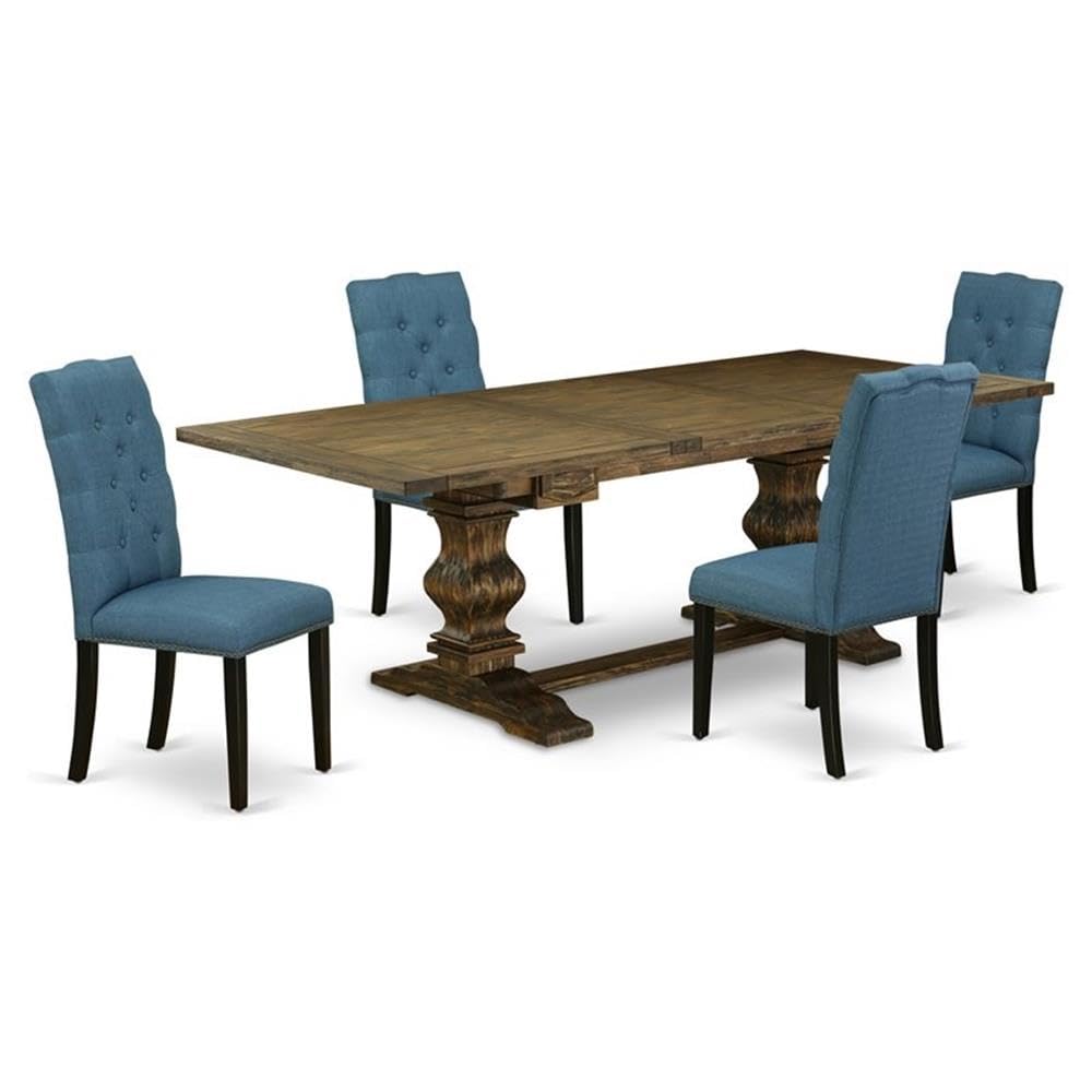 East West Furniture LAEL5-71-21 5-Piece Dining Set with Extendable Table & 4 Blue Linen Chairs, 42x92 Inch, Jacobean Finish - Perfect for Family Meals & Entertaining Guests in Dining Room & Kitchen
