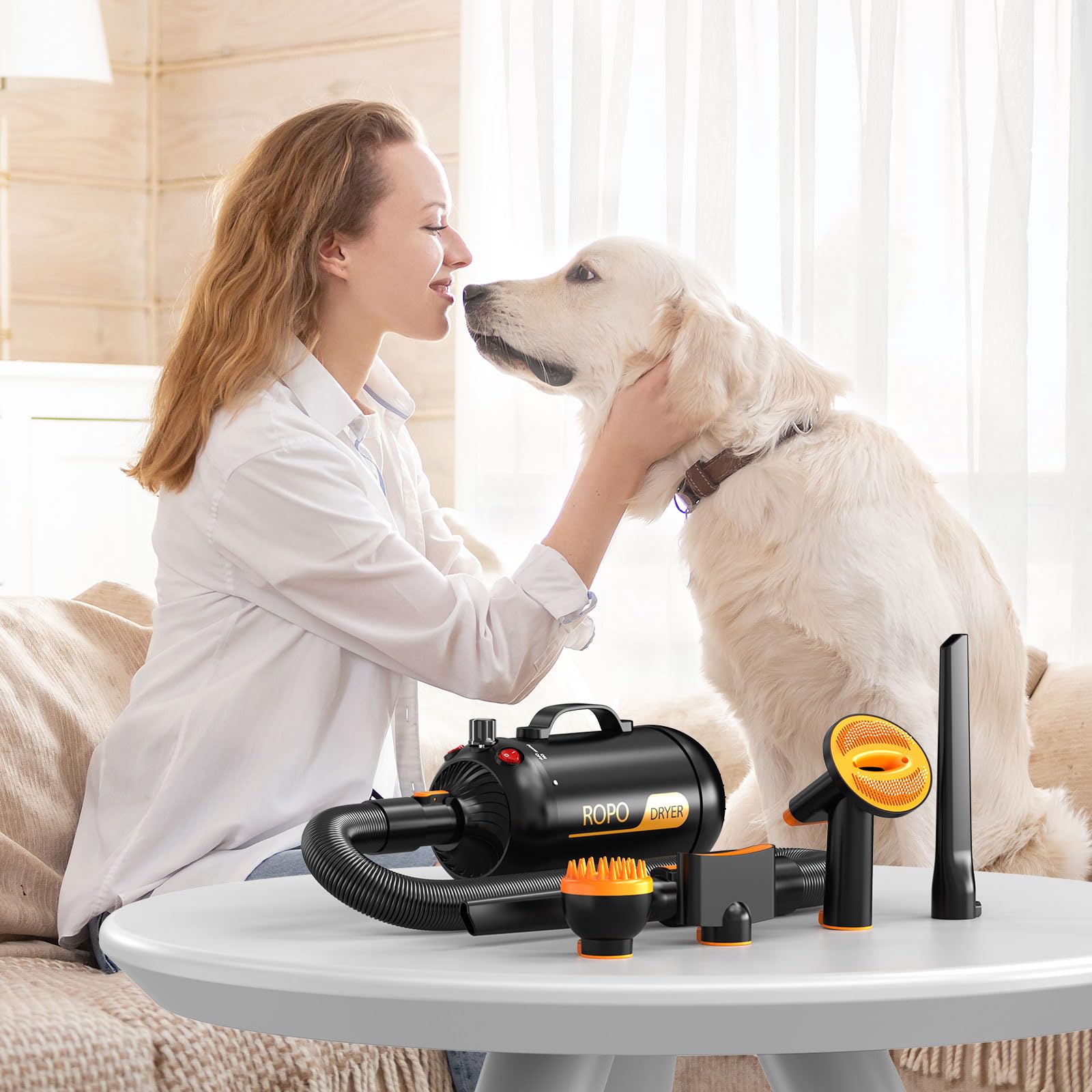 ROPO High Power Pet Hair Dryer - Adjustable Temperature & Speed, Low Noise Dog Grooming Blower with 4 Nozzles for Dogs, Cats & Small Animals - Perfect for Home Grooming & Professional Pet Salons (Black, SE02)