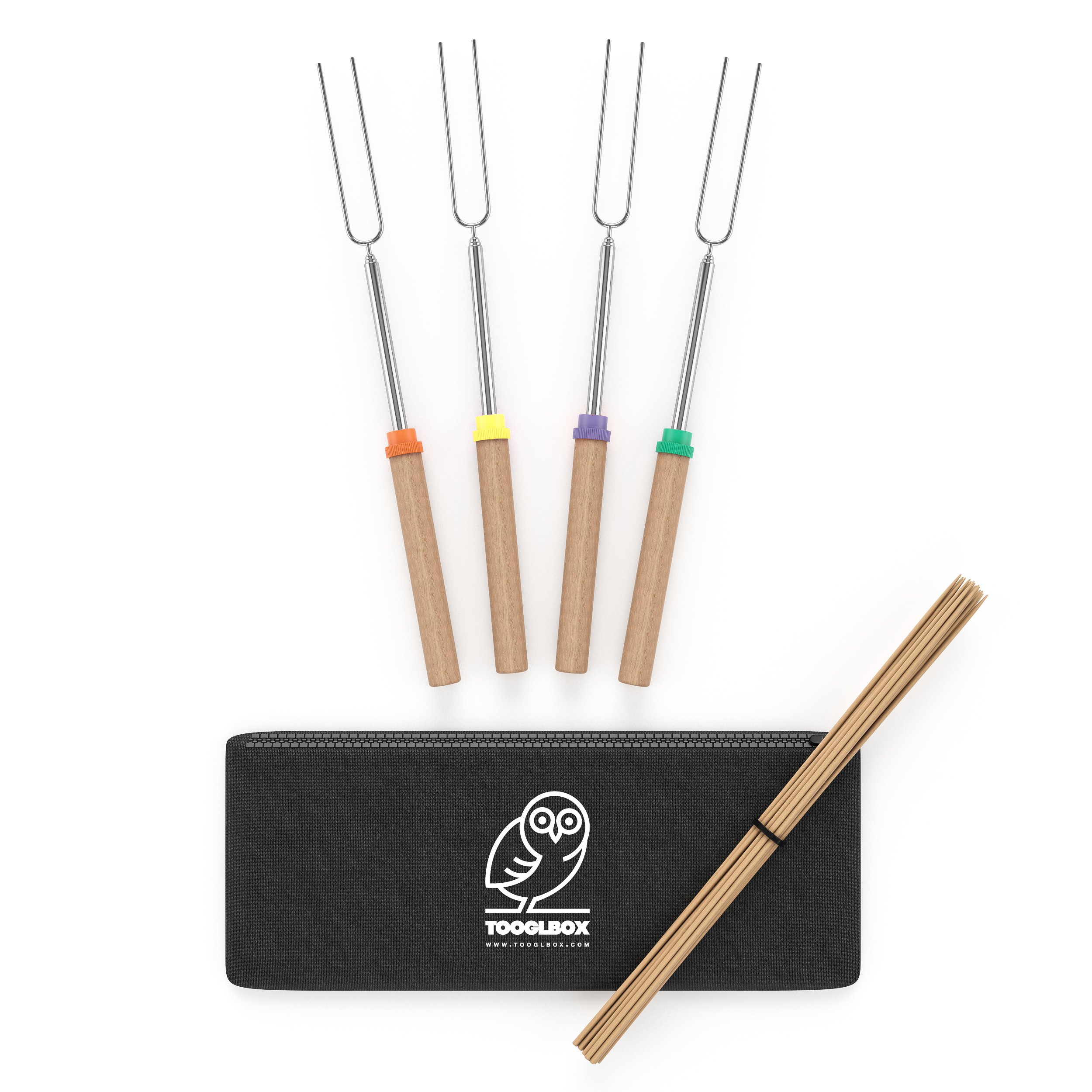 TooglBox - 4-Piece 32-Inch Telescopic Marshmallow Roasting Sticks - Stainless Steel Camping Cookware Set with Forks for Smores, Hot Dogs & BBQ - Includes 20 Bamboo Skewers & Storage Bag - Perfect for Camping, Backyard Bonfires & Outdoor Cooking