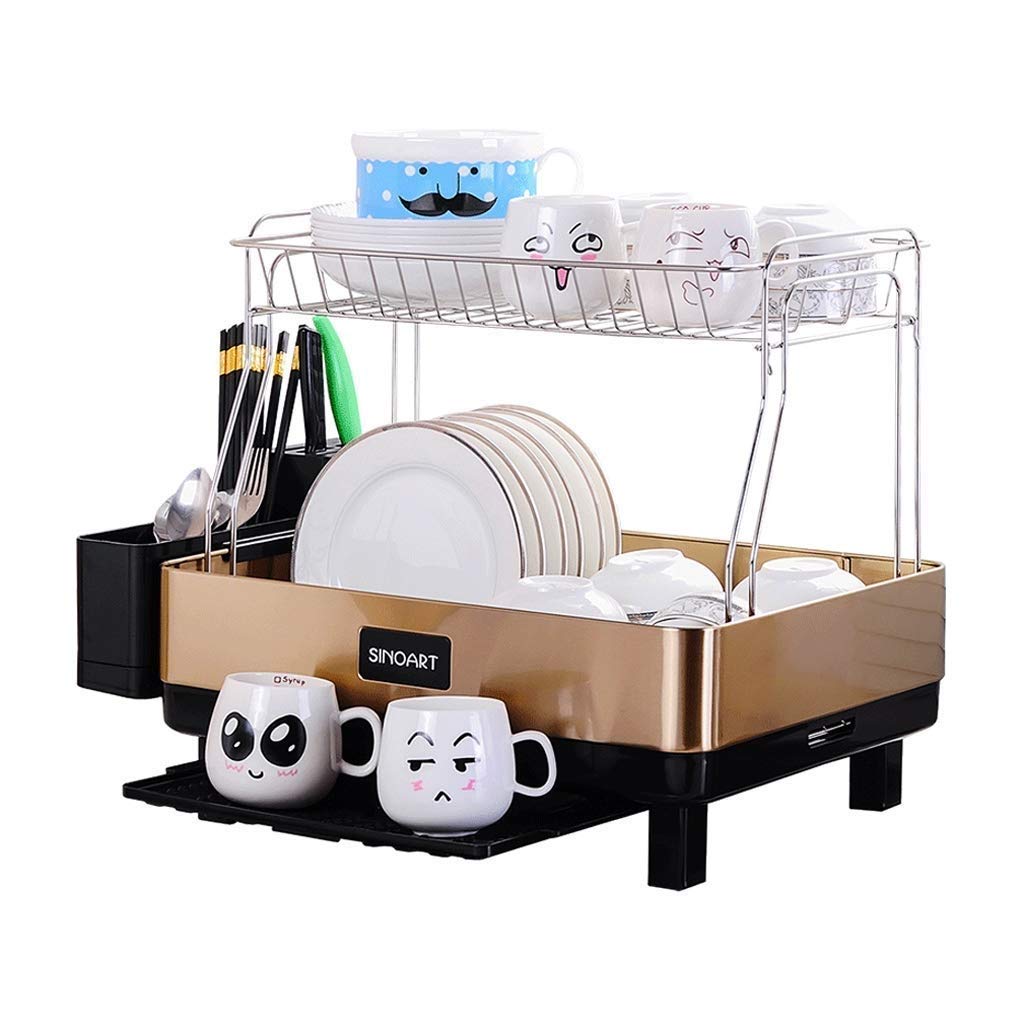 Stainless Steel Compact Dish Rack with Swivel-Proof Base & Grey Plastic Tray - Space Saving Kitchen Organizer for Countertop, Sink, or Small Apartment