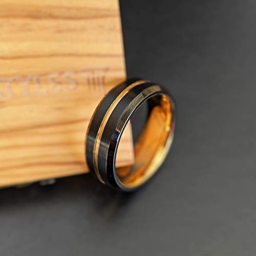 14K Yellow Gold & Black Tungsten Wedding Band for Men - 8mm Comfort Fit Ring with Beveled Edges & Golden Groove - Unique Anniversary Gift for Him (Perfect for Weddings, Engagements & Special Occasions)