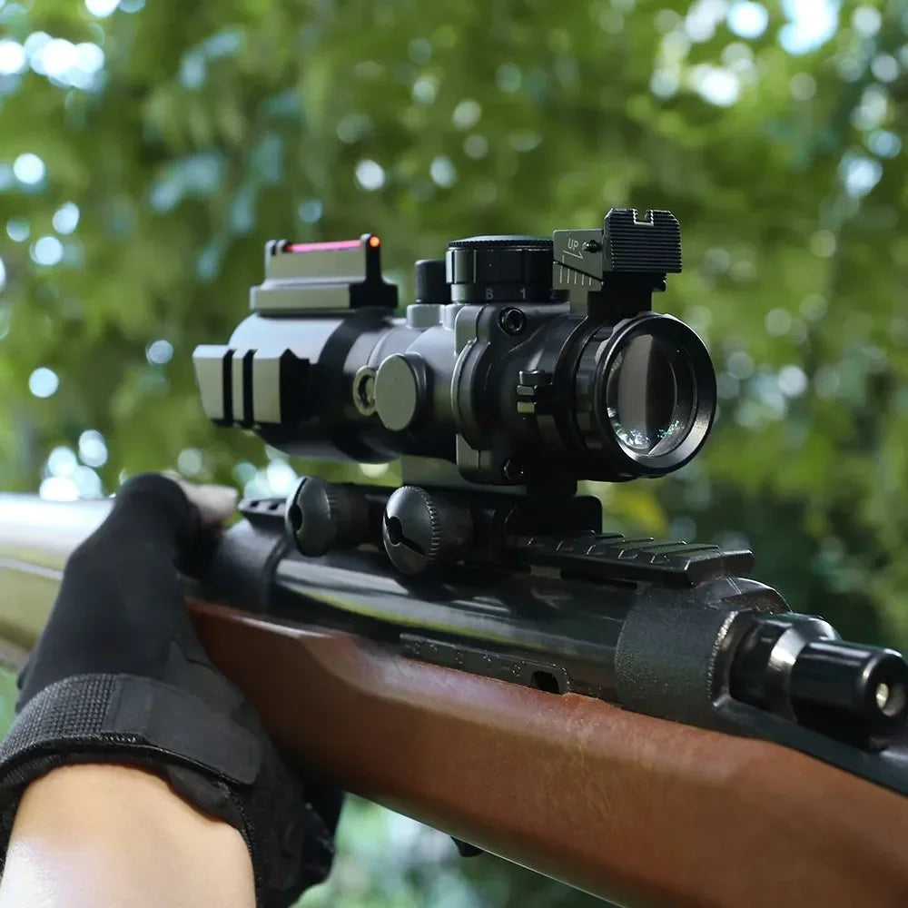 4x32 ACOG Rifle Scope - Tactical Riflescope with Reflex Optics & Fiber Iron Sights | 20mm Prism Scope for Hunting, Shooting & Outdoor Adventures