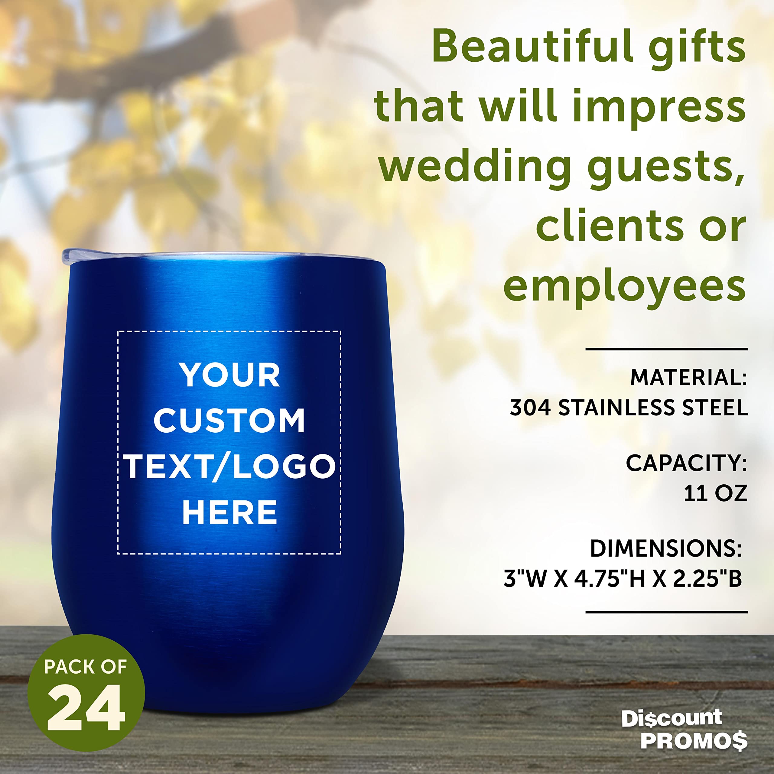 Custom 11 oz Stemless Wine Glasses with Lids - Set of 24 Personalized Tumblers for Wine, Cocktails & Beverages - Bulk Pack for Parties, Weddings & Events - Blue