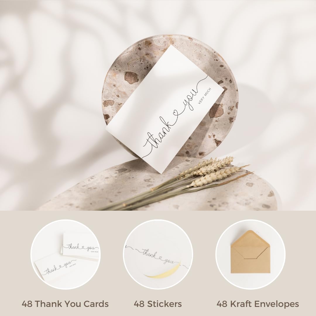 48 Pack Thank You Cards Bulk with Kraft Envelopes & Stickers - 4x6 Inch Professional Greeting Cards for Business, Baby Shower, Wedding, Graduation, Bridal Shower, Funeral - Perfect for Corporate Gifts, Party Favors & Special Occasions