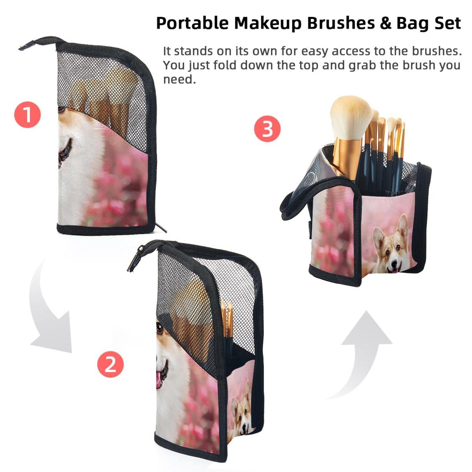 Portable Makeup Brush Organizer Bag with 12 Slots - Cute Welsh Corgi Dog Floral Design Travel Cosmetic Brush Holder Case - Perfect for Travel, Home Vanity & Professional Makeup Artists