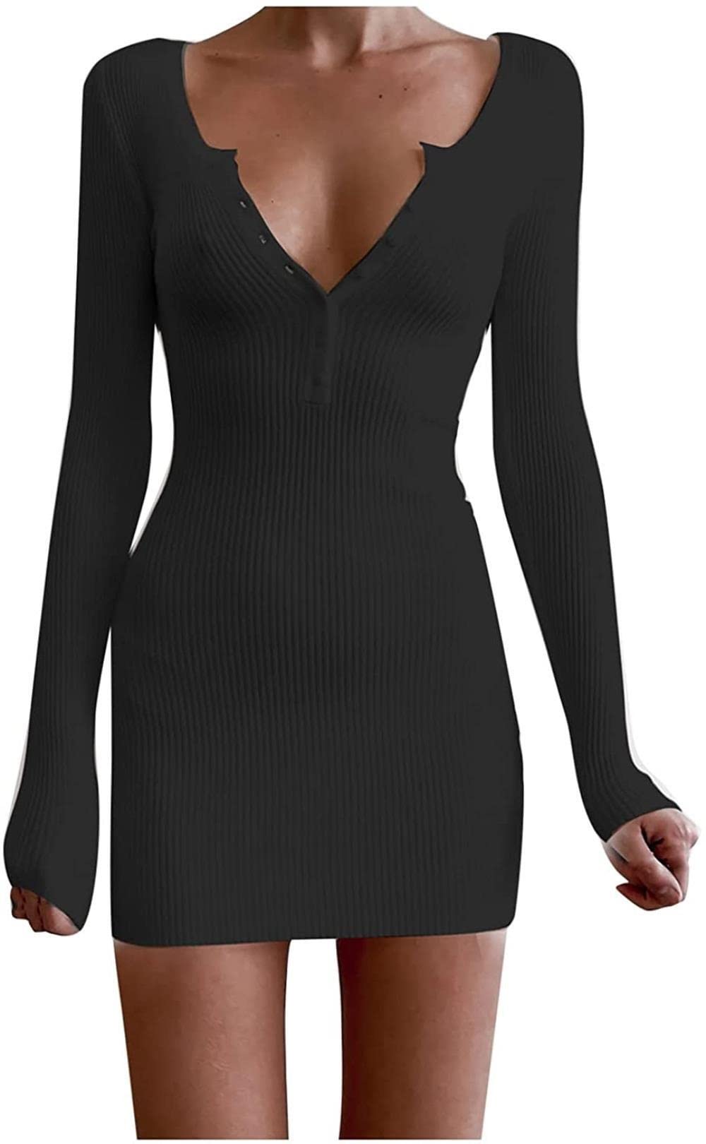 KARISI Women's Sexy Solid Mini Dress - Long Sleeve Sheath Bodycon Dress for Autumn & Summer | Buttock Wrapping Tight Fit | Black #2 | X-Large | Perfect for Night Out, Date Night, Club Wear and Party Outfits