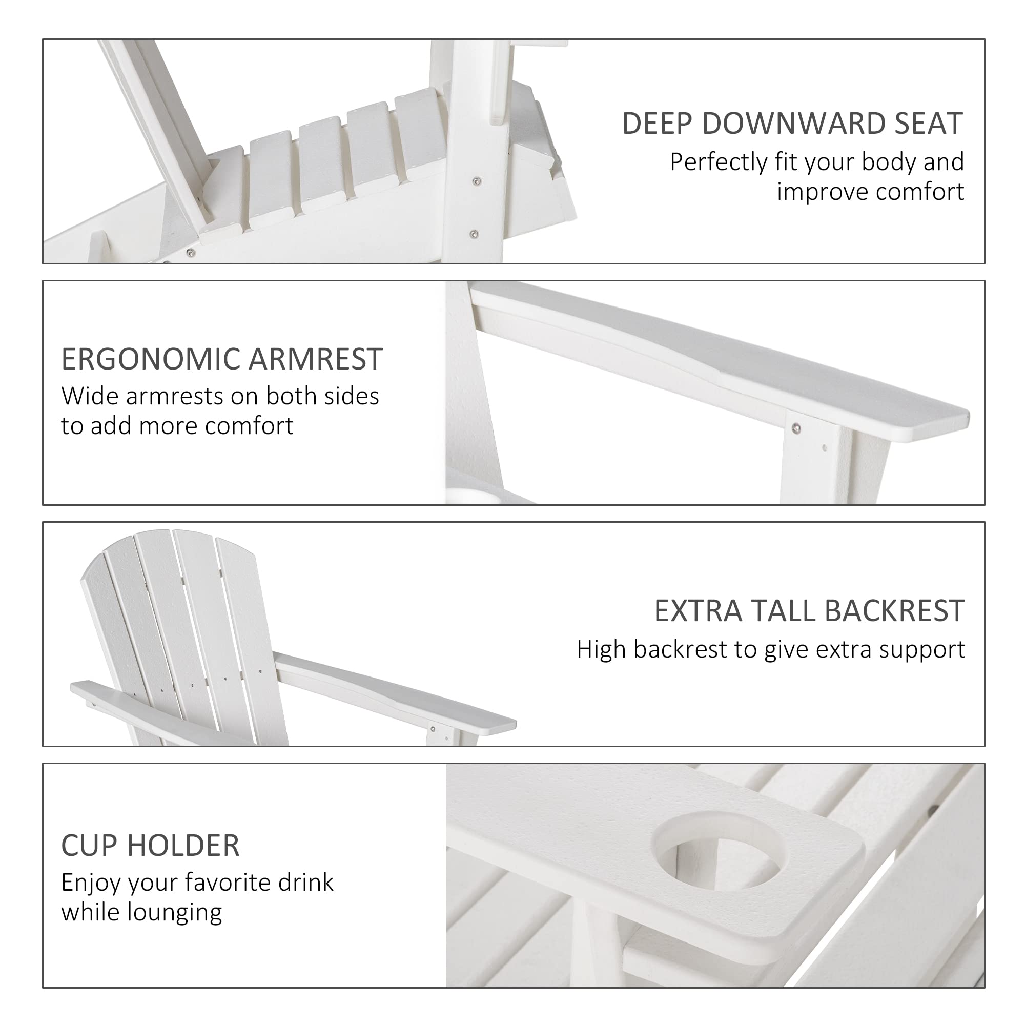 Outsunny White HDPE Adirondack Chair with Cup Holder - All-Weather Patio Lounger for Outdoor, Backyard, Garden, Deck & Lawn - Perfect for Fire Pit Seating, Relaxing & Entertaining Guests