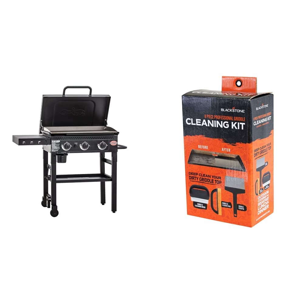 Char-Griller Flat Iron 3 Burner Outdoor Gas Griddle with Lid & Blackstone 5060 Grill & Griddle Kit - 8-Piece Premium Flat Top Grill Accessories Set with Cleaner Tools (Black) - Perfect for Backyard BBQs, Tailgating, and Outdoor Cooking