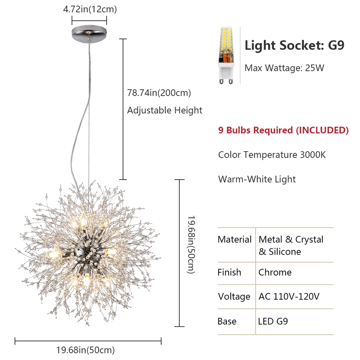 9-Light Stainless Steel Dandelion Chandelier - Modern Sputnik Pendant Lighting Fixture in Chrome Finish (19.6