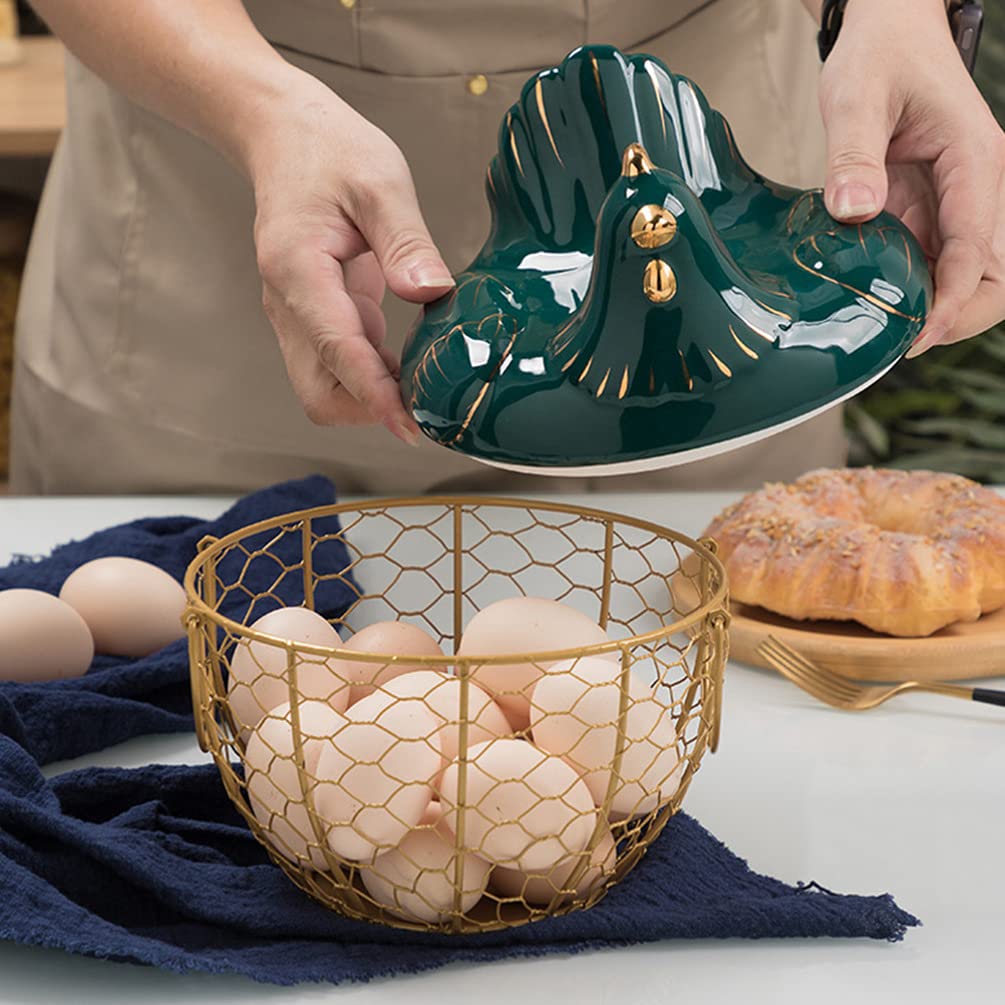 Stainless Steel Wire Egg Basket with Ceramic Chicken Lid - Farmhouse Egg Storage Organizer for Kitchen Counter, Pantry & Countryside Breakfast Display