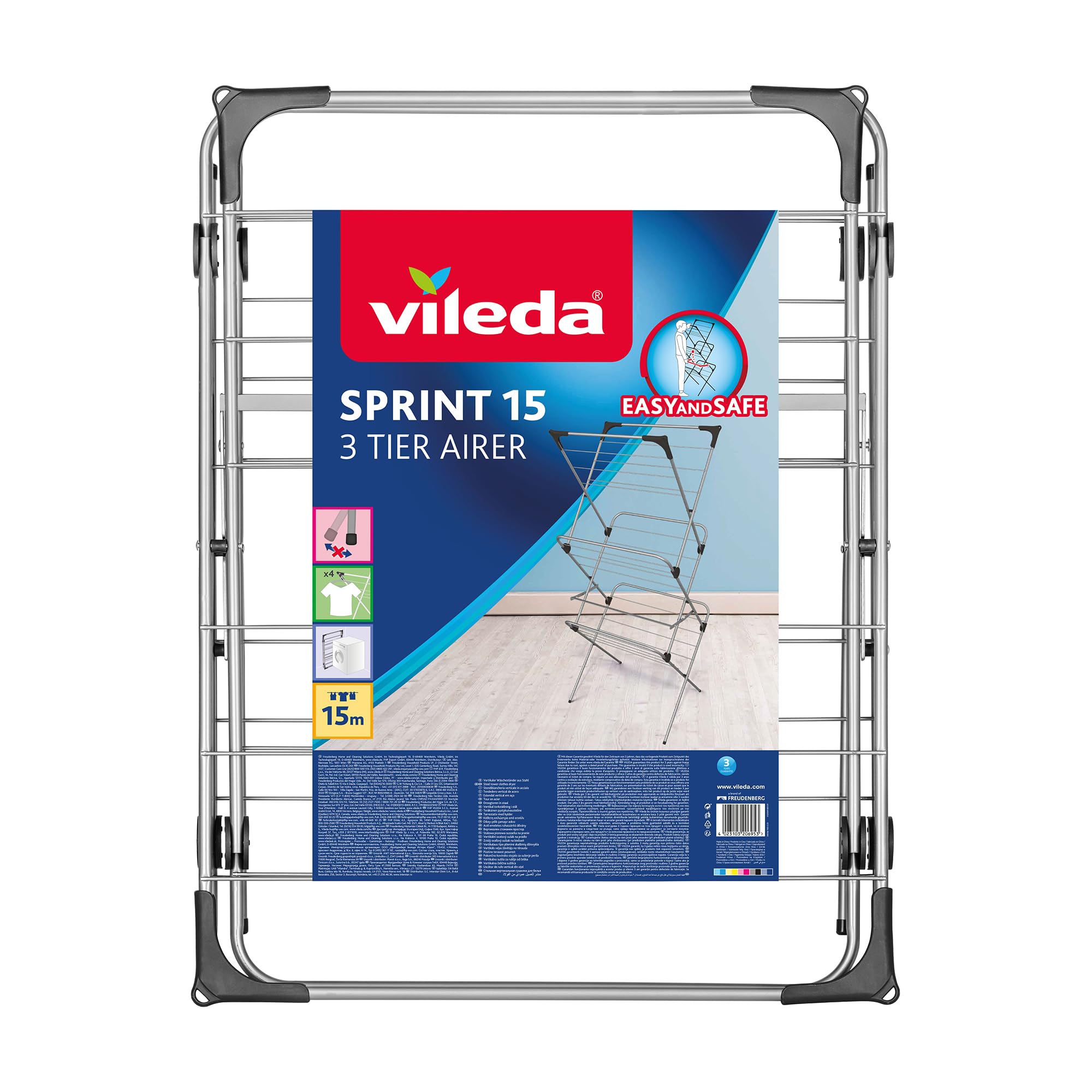 Vileda Sprint 3-Tier Foldable Clothes Drying Rack with 15m Washing Line - Space Saving Laundry Rack for Indoor Clothes Drying in Apartments, Dorms & Small Spaces