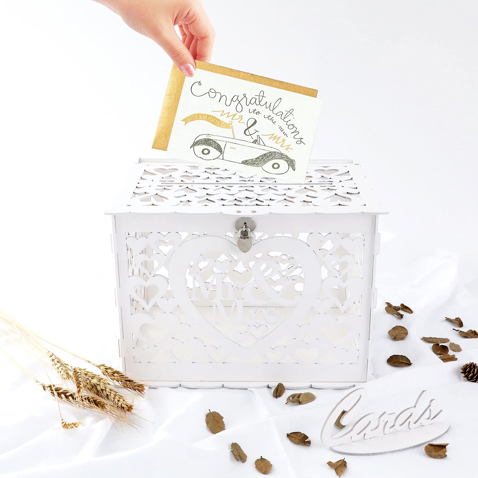 Benjia Rustic Wooden Wedding Gift Card Holder with Lock & Slot - Large Money Envelope Box for Reception, Anniversary & Birthday Parties (Mr & Mrs Style, White) | Perfect for Wedding Favors, Bridal Showers & Special Occasion Gift Collections