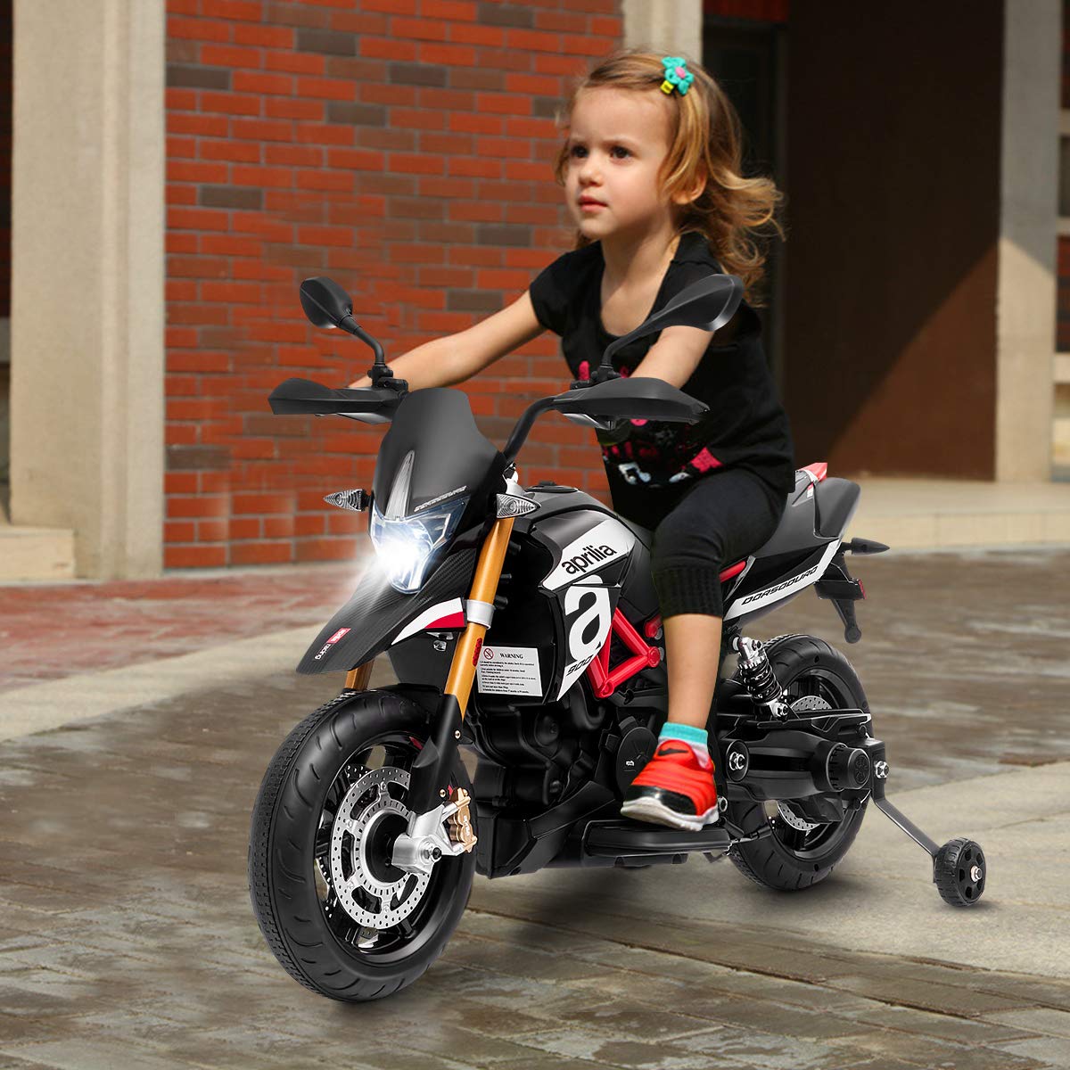 HOMGX 12V Kids Ride on Motorcycle - Licensed Apulia Design with LED Lights & Music, Battery Powered Motor Bike with Detachable Training Wheels (Black) | Perfect Gift for Boys & Girls Ages 3-8 | Indoor & Outdoor Play, Birthday & Christmas Present