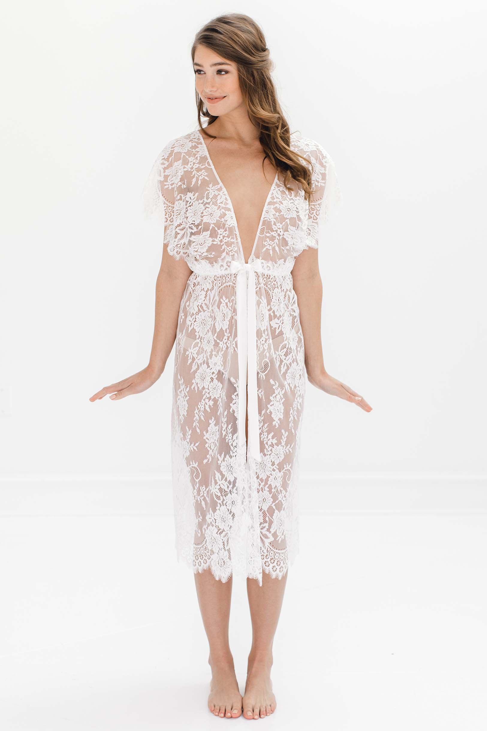 Margot Ivory Midi Lace Kimono Robe - Elegant Floral Lace Cover Up for Women, Perfect for Bridal Shower, Honeymoon, Beach Vacation & Boudoir Photography
