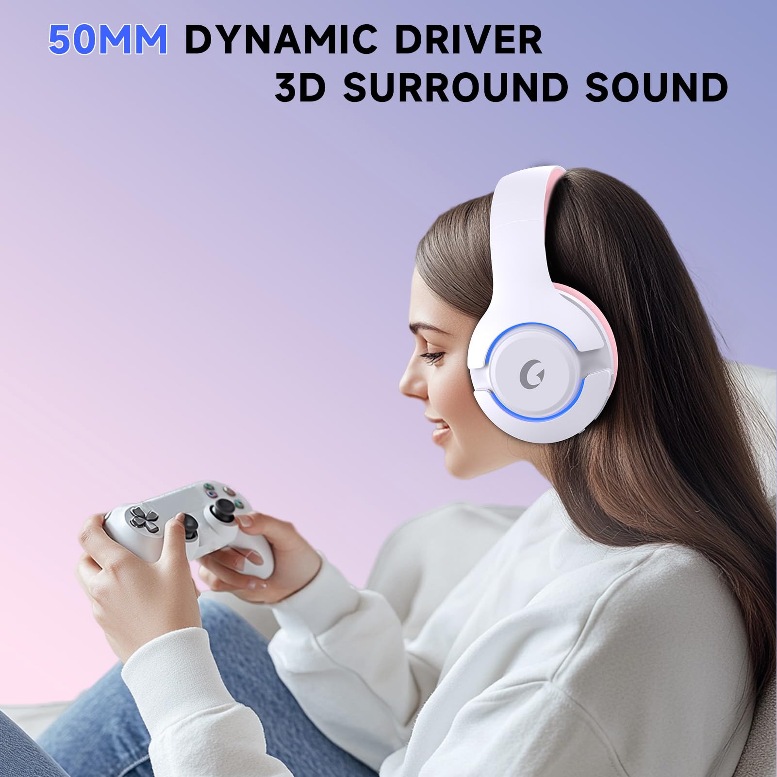 Wireless Gaming Headset for PS5, PS4, PC, Mac, Nintendo Switch - Bluetooth 5.3 Headphones with Noise Cancelling Mic, 45H Battery, RGB Lighting (Pink) - Perfect for Elden Ring, Fortnite & Online Gaming