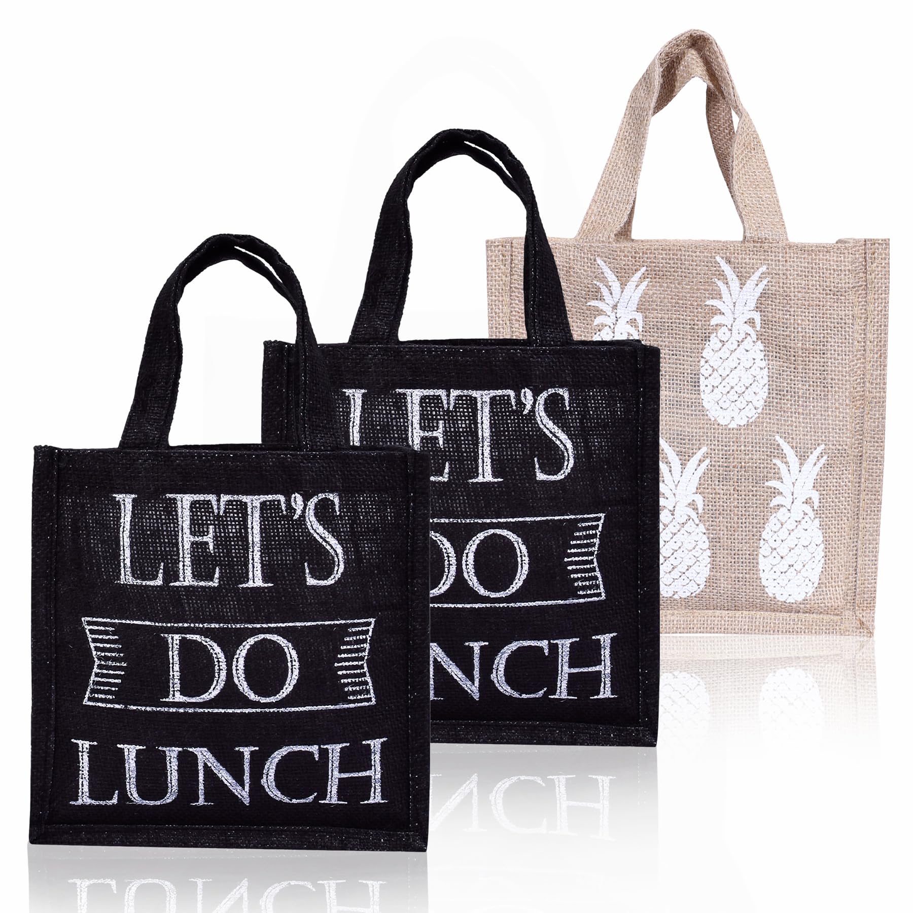 Kuber Industries Reusable Jute Lunch Bag with Handle - Eco-Friendly Office Lunch Tote for Women & Men - Small Size, Pack of 3 (Brown, Beige, Navy) - Perfect for Work, School, Picnics & Daily Commute