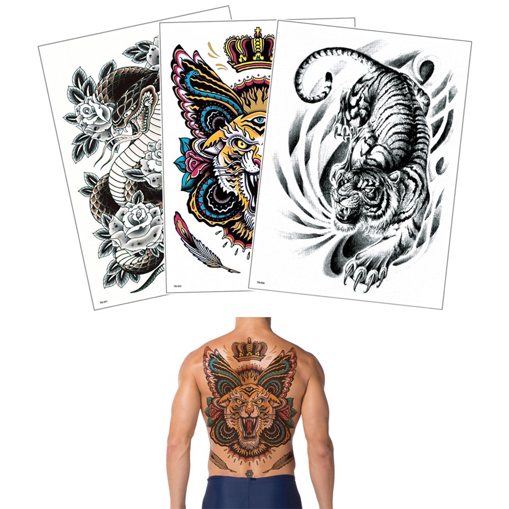 Glaryyears Large Full Back Temporary Tattoos - 3 Pack Realistic Fake Tattoo Stickers for Men & Women - Fierce Tiger & Snake Designs - Perfect for Halloween, Cosplay & Body Art