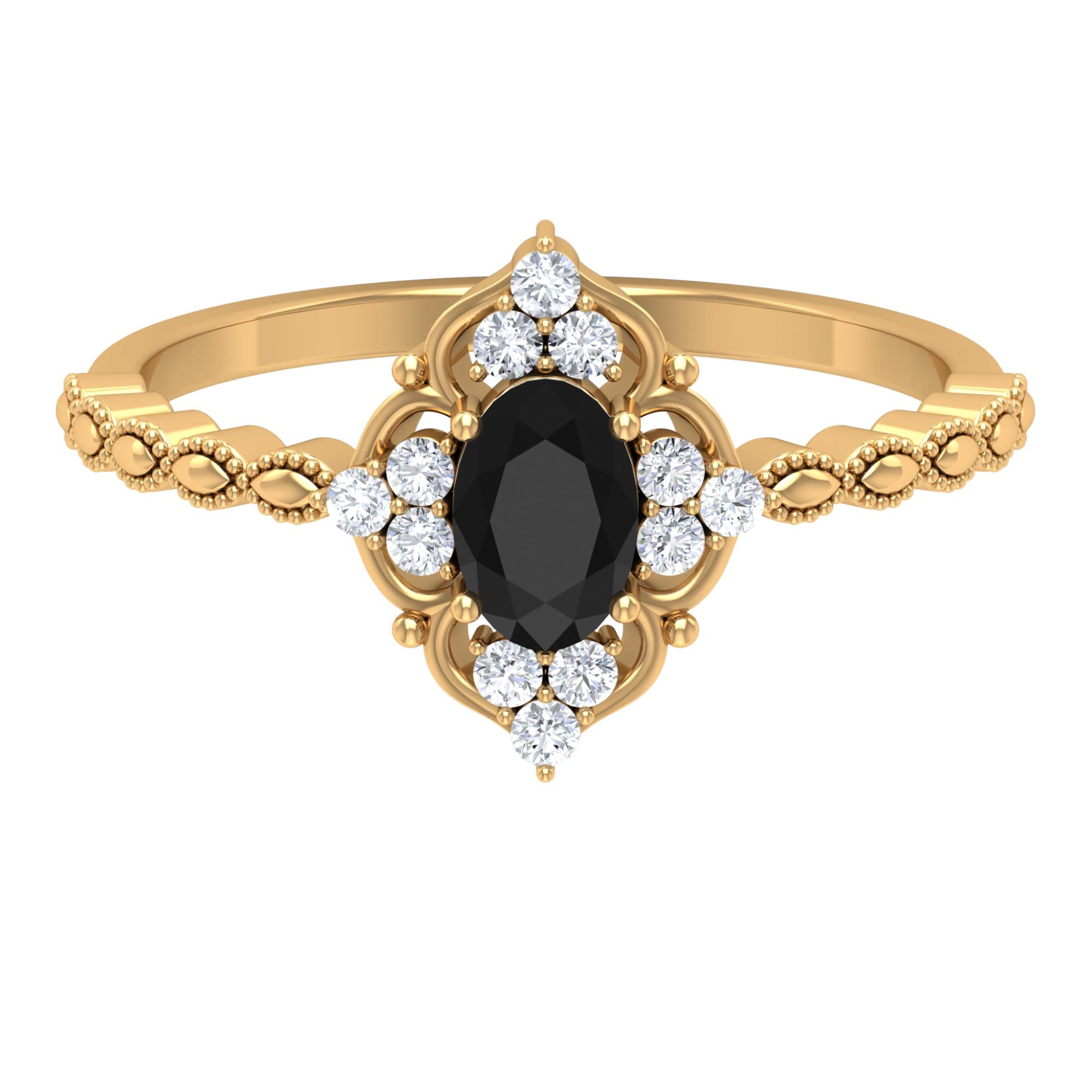 3/4 CT Black and White Diamond Art Deco Engagement Ring for Women - 14K Solid Gold Beaded Band, Vintage Inspired Wedding Jewelry - Perfect for Proposals, Anniversaries & Special Occasions