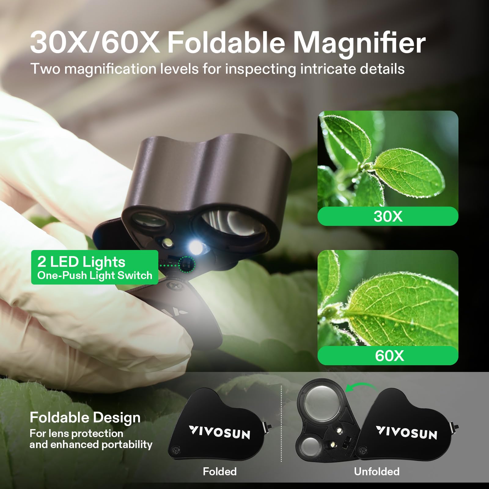 VIVOSUN 2-Pack 30X & 60X Jewelry Magnifier with LED & UV Light - Foldable Loupe for Jewelry, Gemstones, Watches, Coin & Stamp Collecting - Perfect for Gem Appraisal, Hobbyists & Professional Use