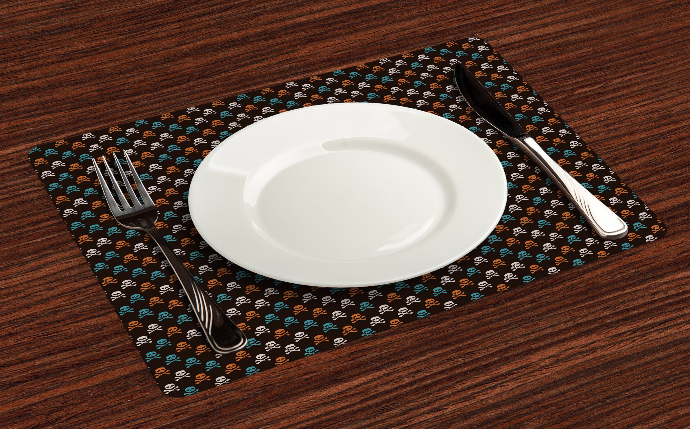 Ambesonne 4-Piece Pirate Placemats Set - Skull & Bones Design on Black Background, Halloween Kitchen & Dining Table Decor, Washable Fabric Place Mats for Home, Party, and Themed Events