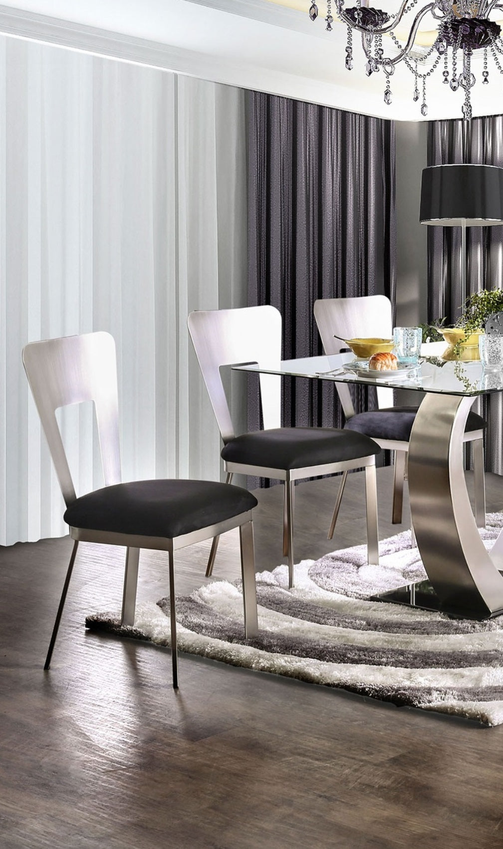Modern Silver Metal 2-Piece Dining Chair Set with Black Microfiber Upholstery - Keyhole Back Design & Satin Powder Coating - Perfect for Kitchen, Dining Room, or Breakfast Nook Seating