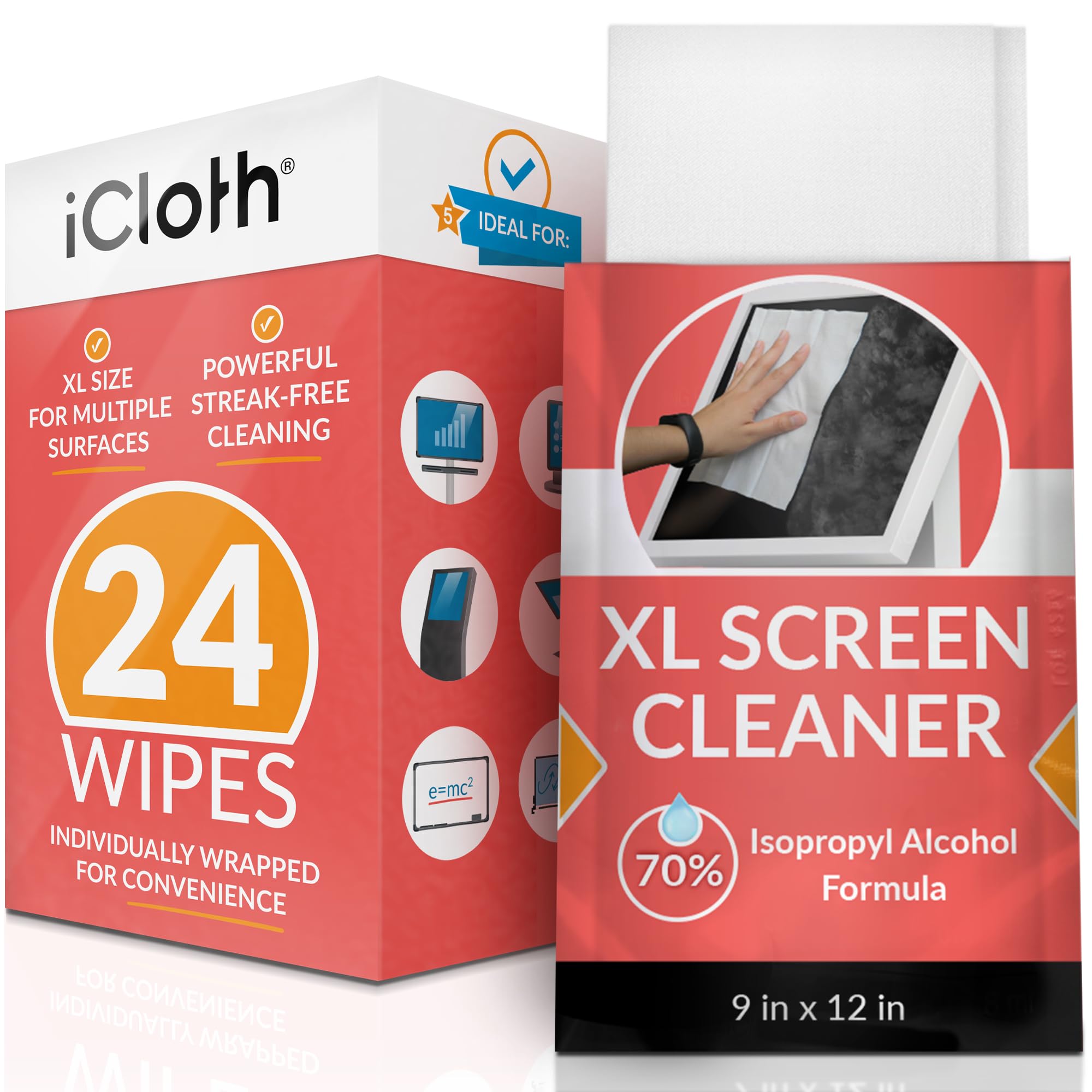 iCloth 70% Isopropyl Alcohol XL Screen Cleaning Wipes for Electronics - Lint-Free, Streak-Free, Fast-Drying - Removes Dust, Fingerprints & Germs (24 Count) - Perfect for Smartphones, Tablets, Laptops & Glasses