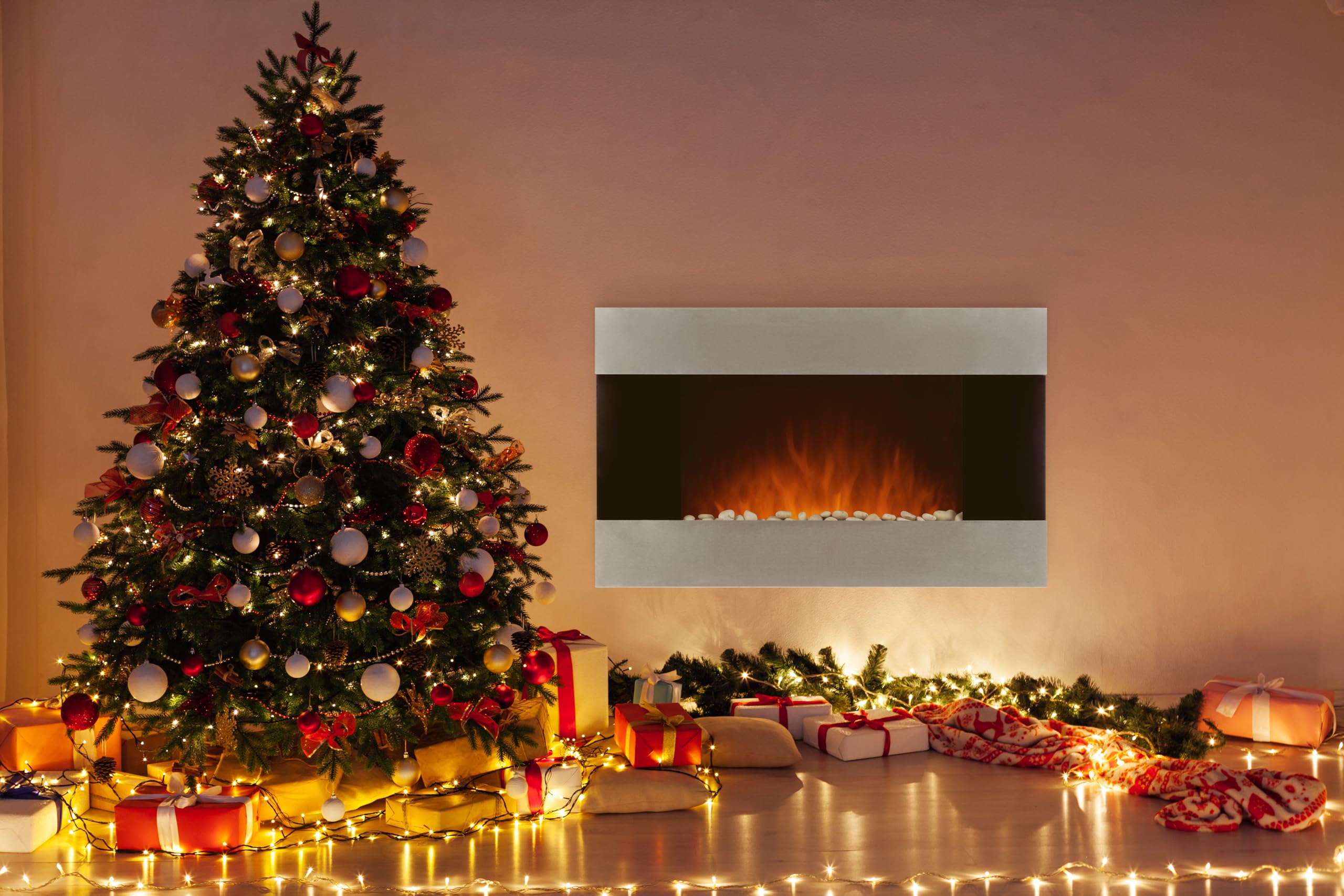 36-Inch Wall Mounted Electric Fireplace - Modern Stainless Steel Fireplace Heater with Remote Control, Adjustable Flame & Temperature, Floor Stand - Perfect for Living Room, Bedroom & Office Decor