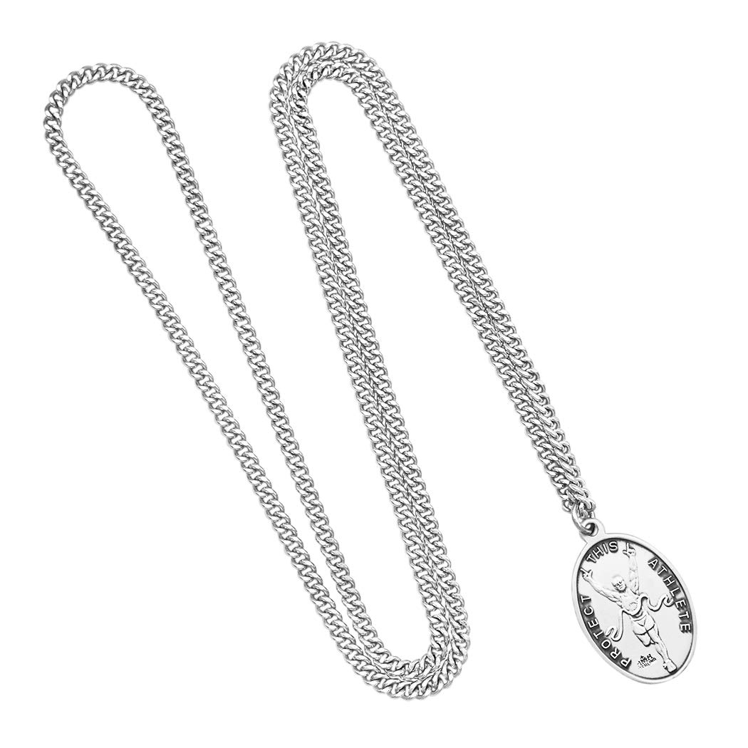 Men's Sterling Silver Saint Christopher Protect This Athlete Sports Medal Pendant Necklace - 24 Inch Religious Gift for Athletes - Perfect for Running, Cycling & Outdoor Sports Protection