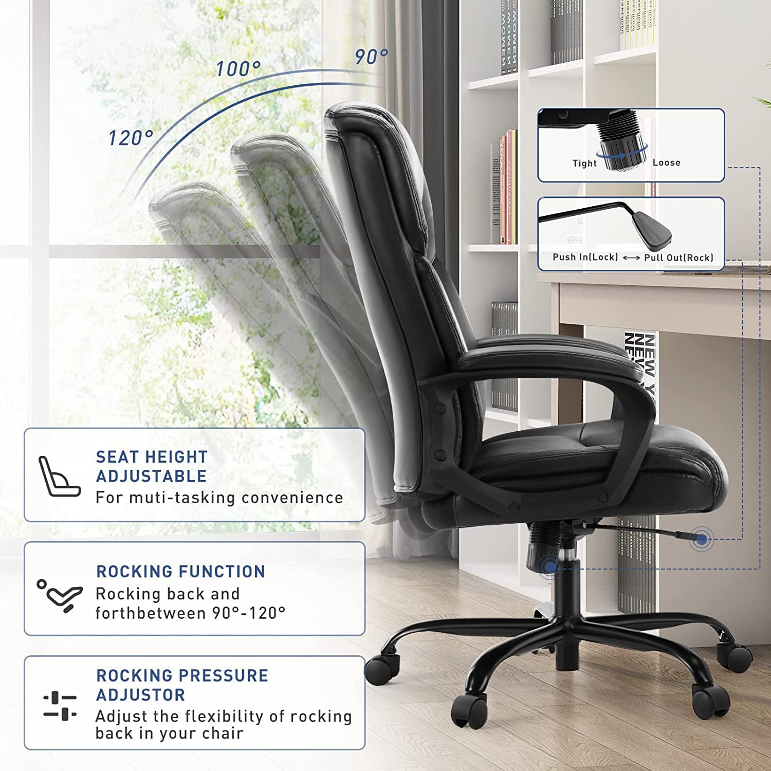 Premium Executive Office Chair - High Back Ergonomic Desk Chair with Soft Armrests, Adjustable Height & Lumbar Support - Big & Tall Bonded Leather Computer Chair for Home & Office Workspaces - Perfect for Long Hours of Comfortable Sitting & Productivity