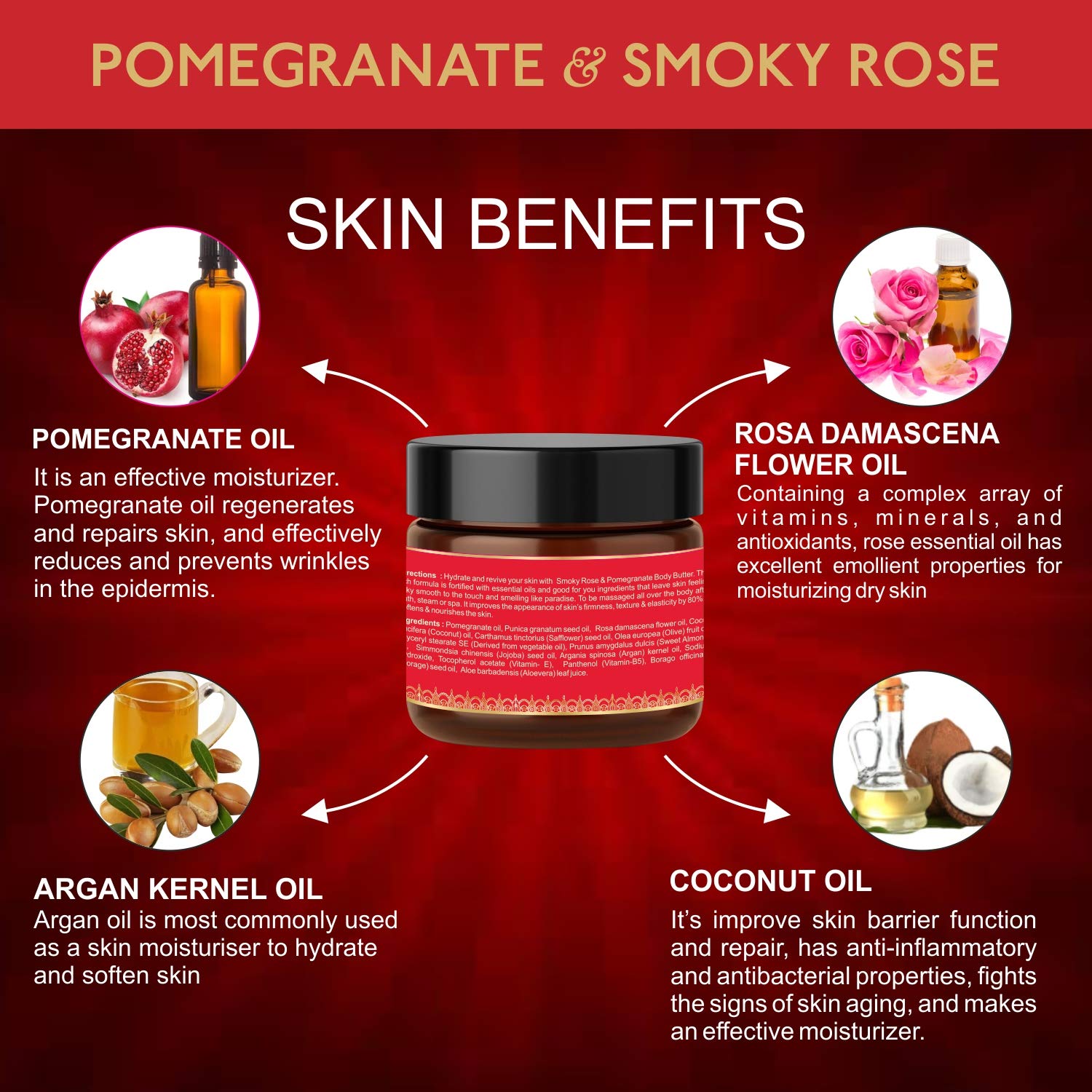 Body Gold Body Butter Cream with Pomegranate & Smoky Rose - Nourishing, Long-Lasting Hydration for Dry Skin | Paraben & Sulfate Free, 100g | Perfect for Daily Moisturizing & Nighttime Skincare Routine
