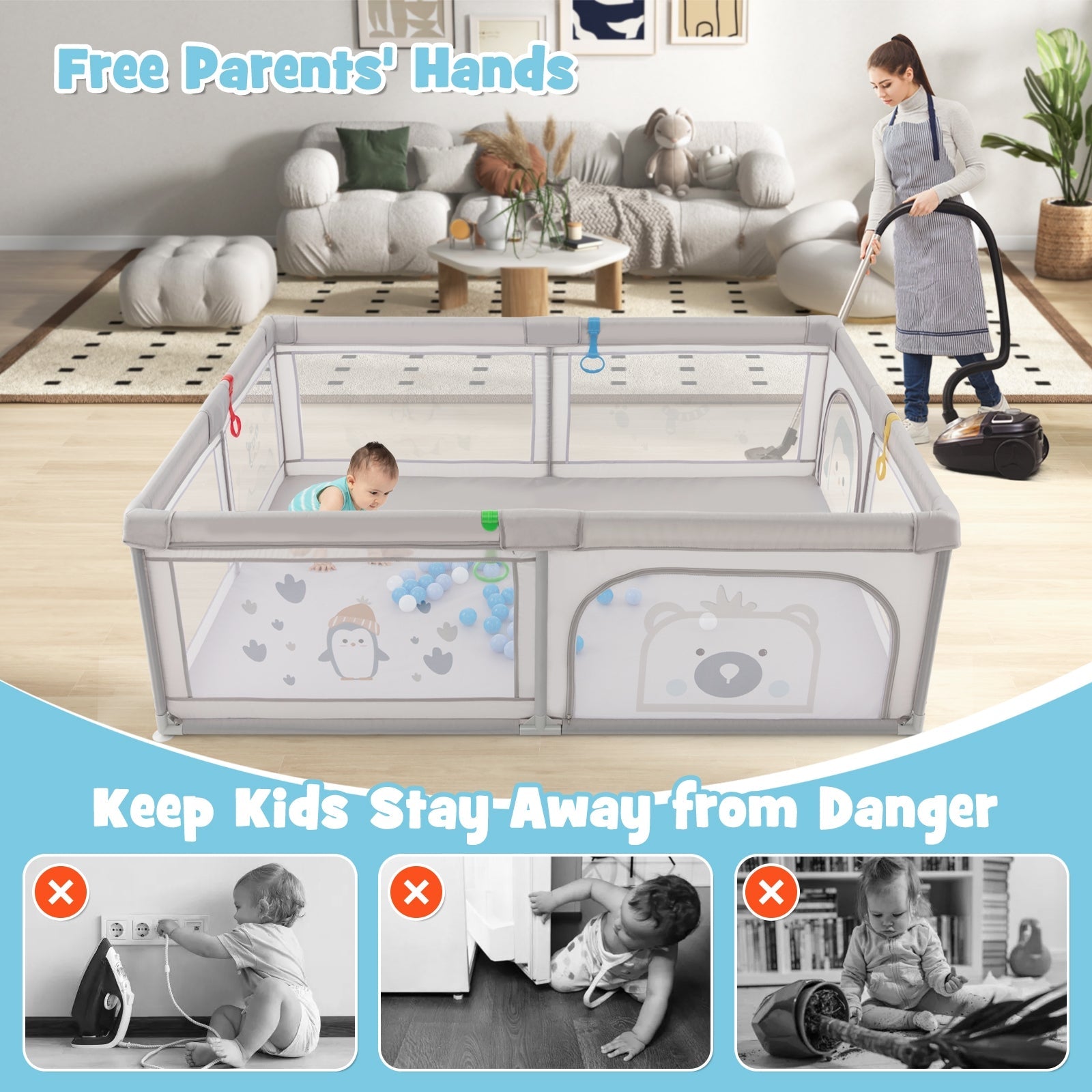 Large Baby Playpen with Pull Rings, Ocean Balls & Cute Penguin Pattern - Safe Play Area for Toddlers & Infants at Home or Daycare