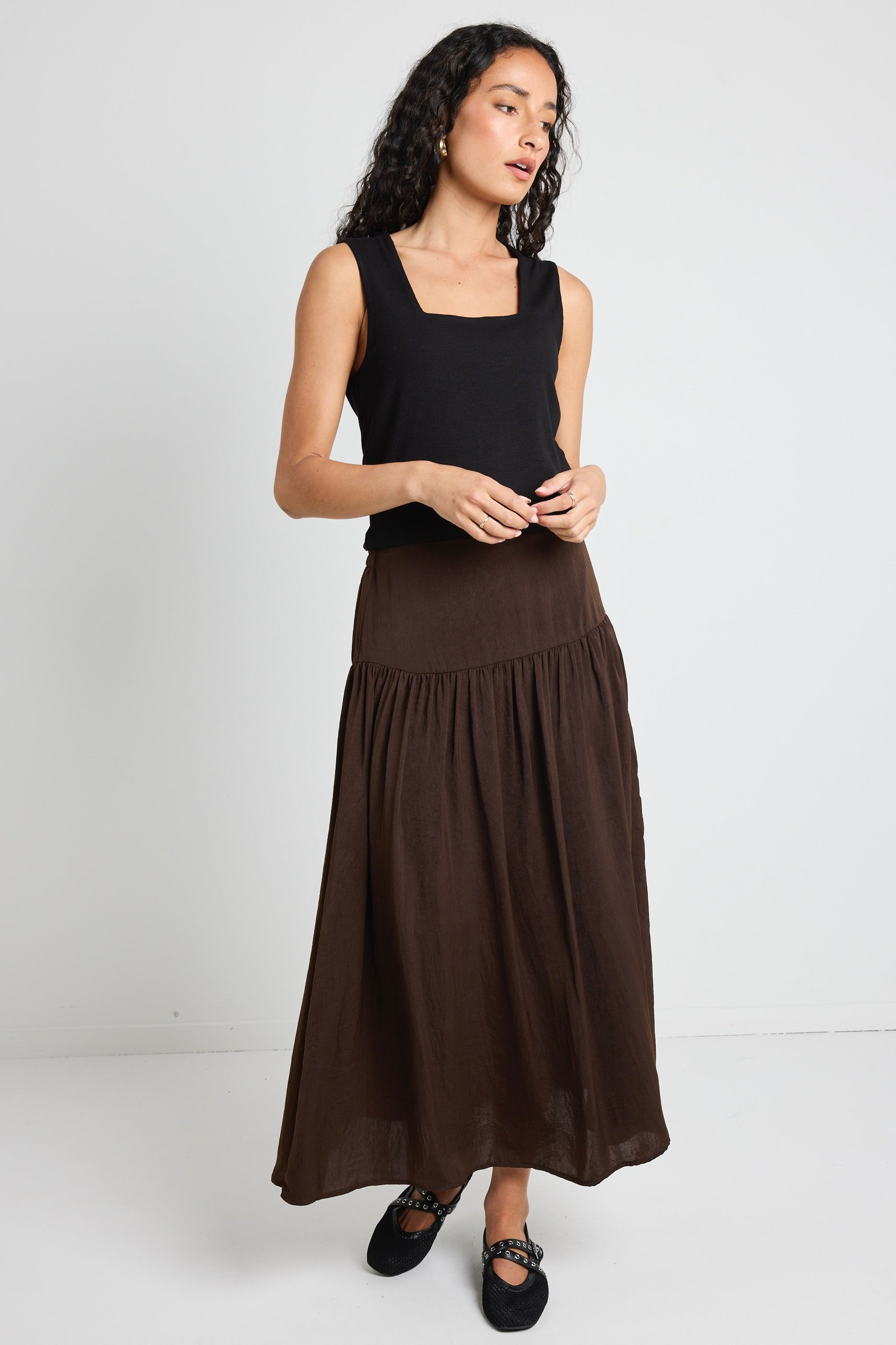 Lupe Espresso Hammered Satin Midi Skirt for Women - Elegant High Waist A-Line Skirt for Office, Party & Date Night Outfits