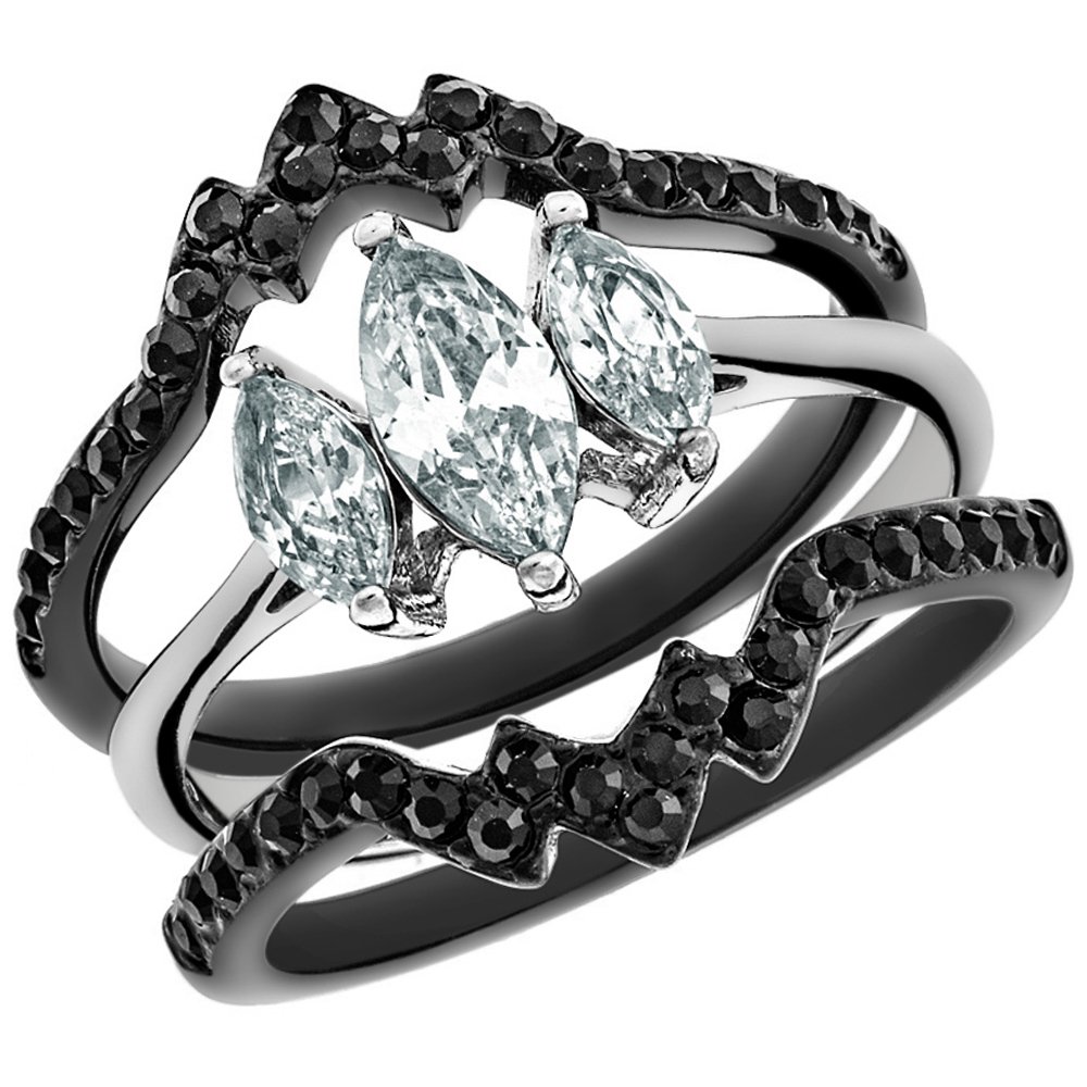 2.25ct Marquise CZ Black Steel Wedding Ring Set for Women Size 5-11 - Elegant Bridal Jewelry