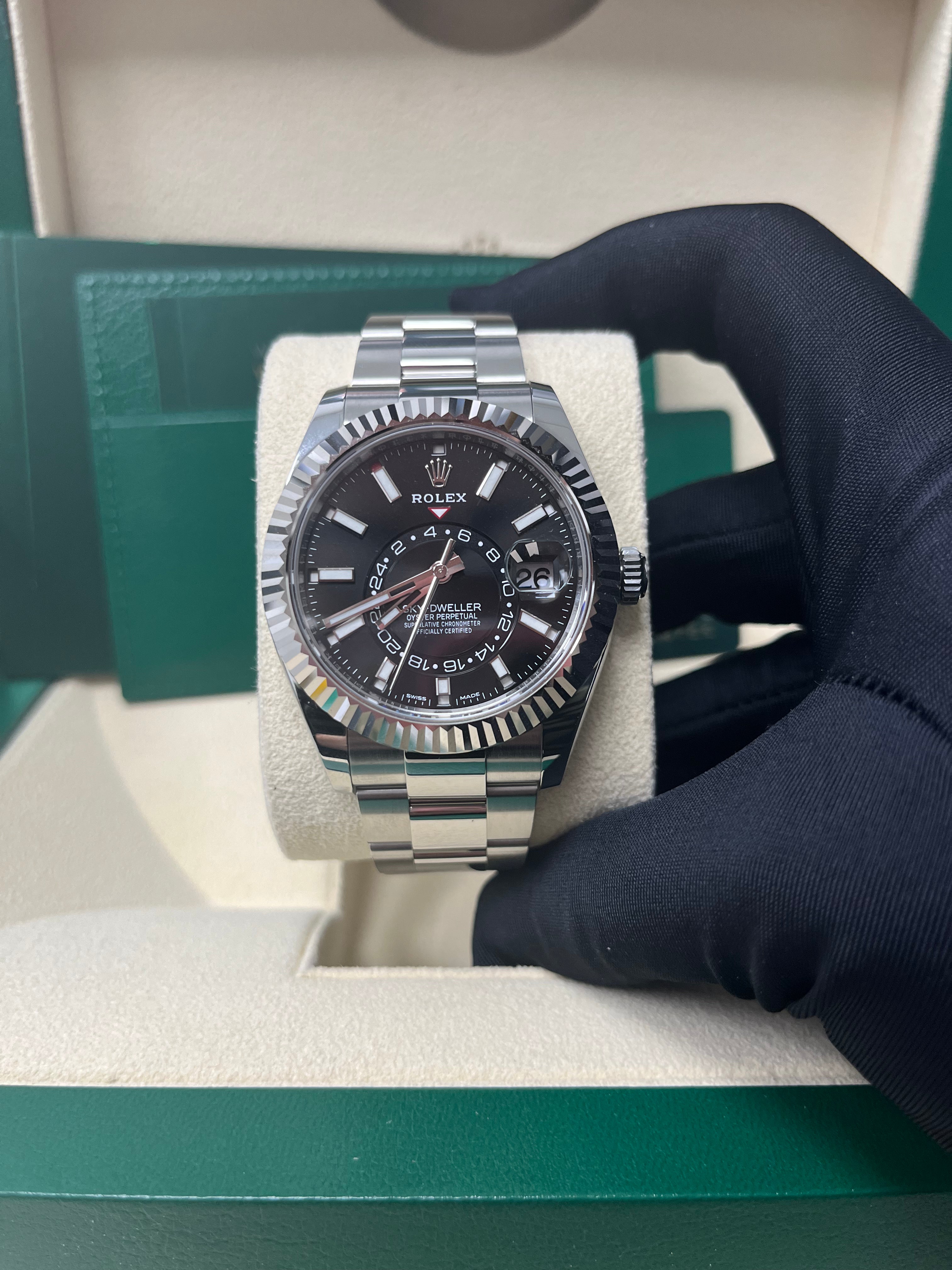 Rolex Sky-Dweller 18K White Gold 42mm Black Dial Stainless Steel Bracelet Ref. 326934 - Luxury Watch for Business Travel & Formal Occasions