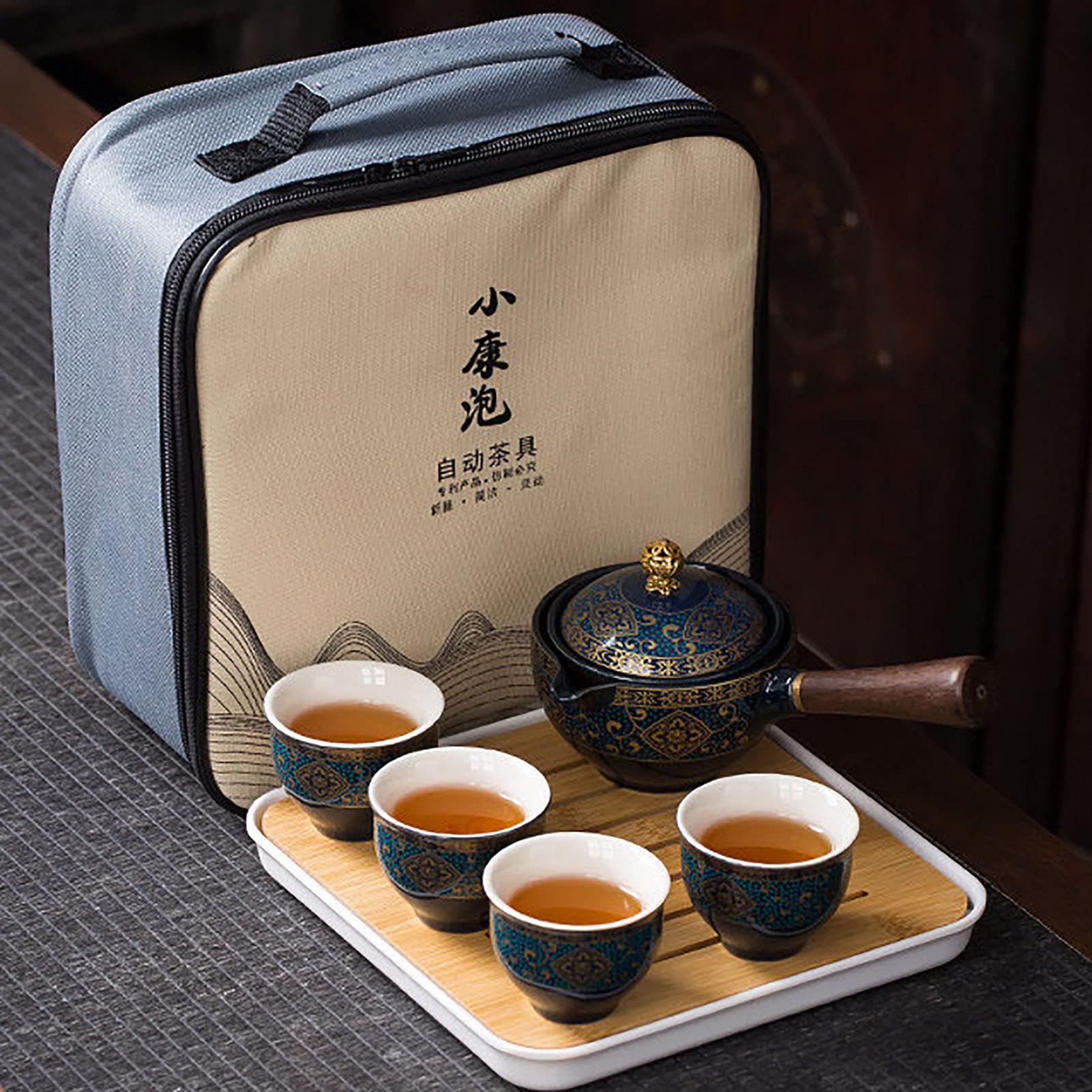 Handmade Chinese Kungfu Ceramic Travel Tea Set - Portable Teapot with 4 Cups, Strainer, Bamboo Tray & Carry Bag | Perfect for Camping, Office & Gifts