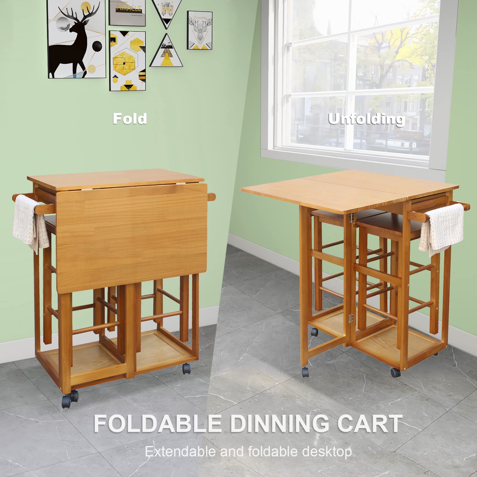 2-Person Wooden Drop Leaf Dining Table Set with Rolling Wheels - 3-Piece Space-Saving Kitchen Table for Small Apartments & Breakfast Nooks (Brown) | Perfect for Studio Living, Tiny Homes & Compact Dining Areas