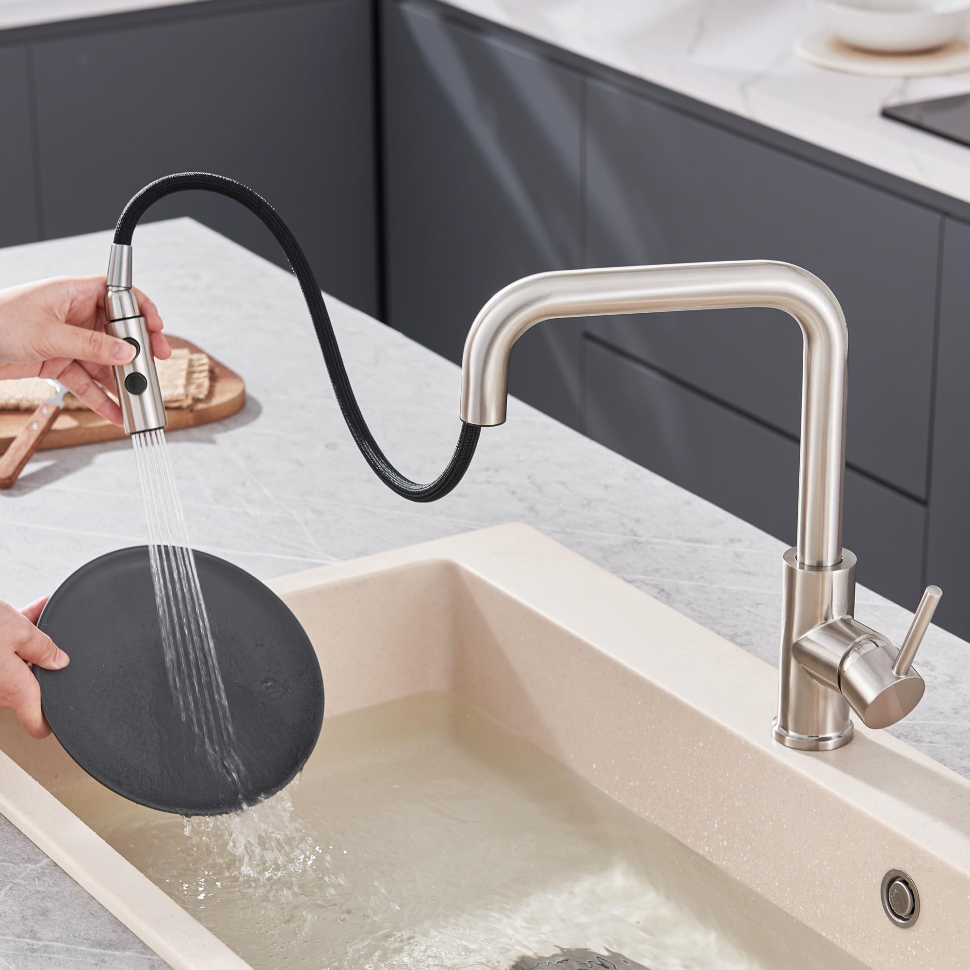 Stainless Steel Pull Down Kitchen Faucet Spray Head Replacement with 15 Adapters - 2 Function Brushed Nickel Sink Nozzle for Easy Dishwashing & Food Prep