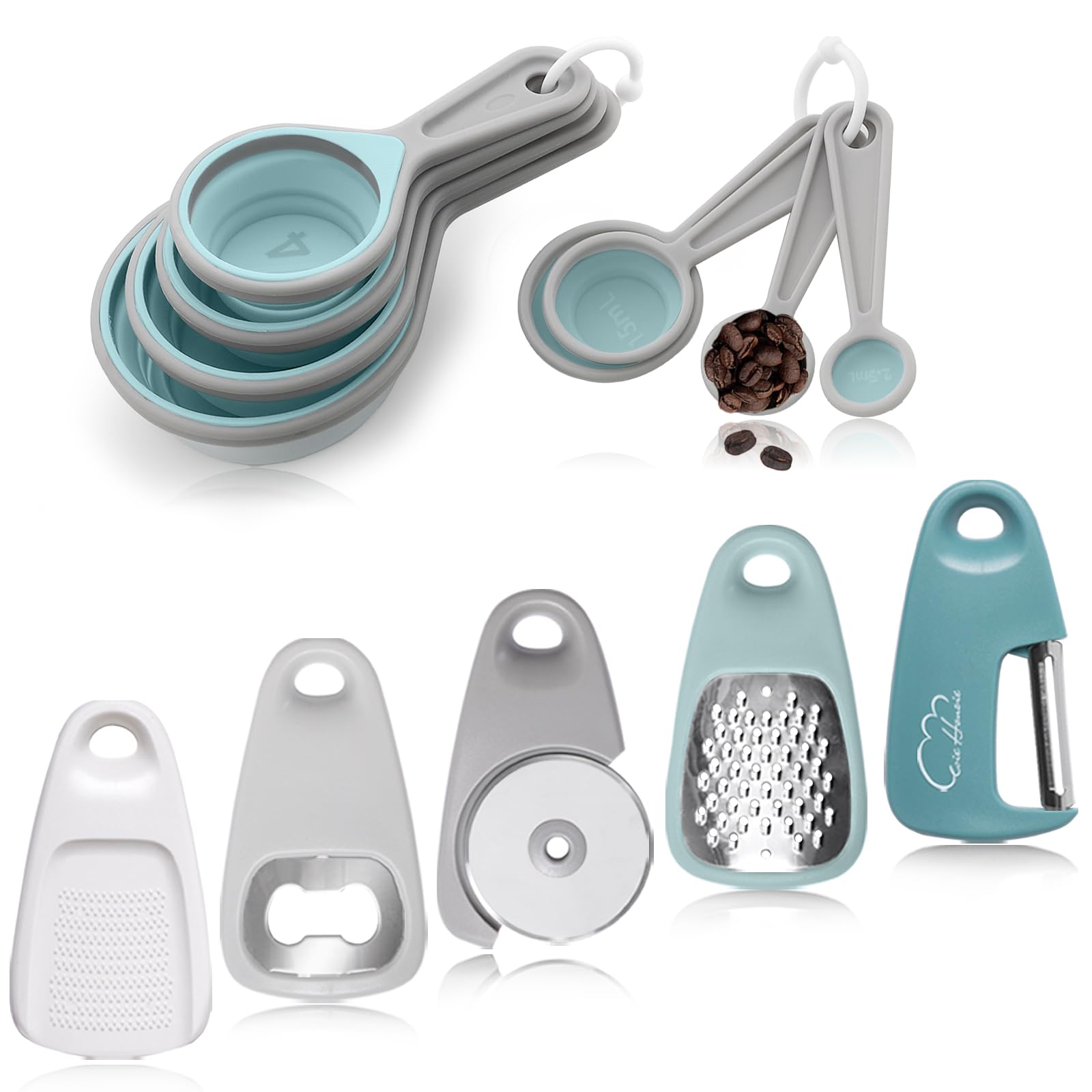 13-Piece Stackable Silicone Measuring Cups and Spoons Set with Vegetable Peeler, Cheese Grater, Pizza Cutter, Bottle Opener & Garlic Press - Morandi Blue Kitchen Accessories for Baking, Cooking and Food Prep