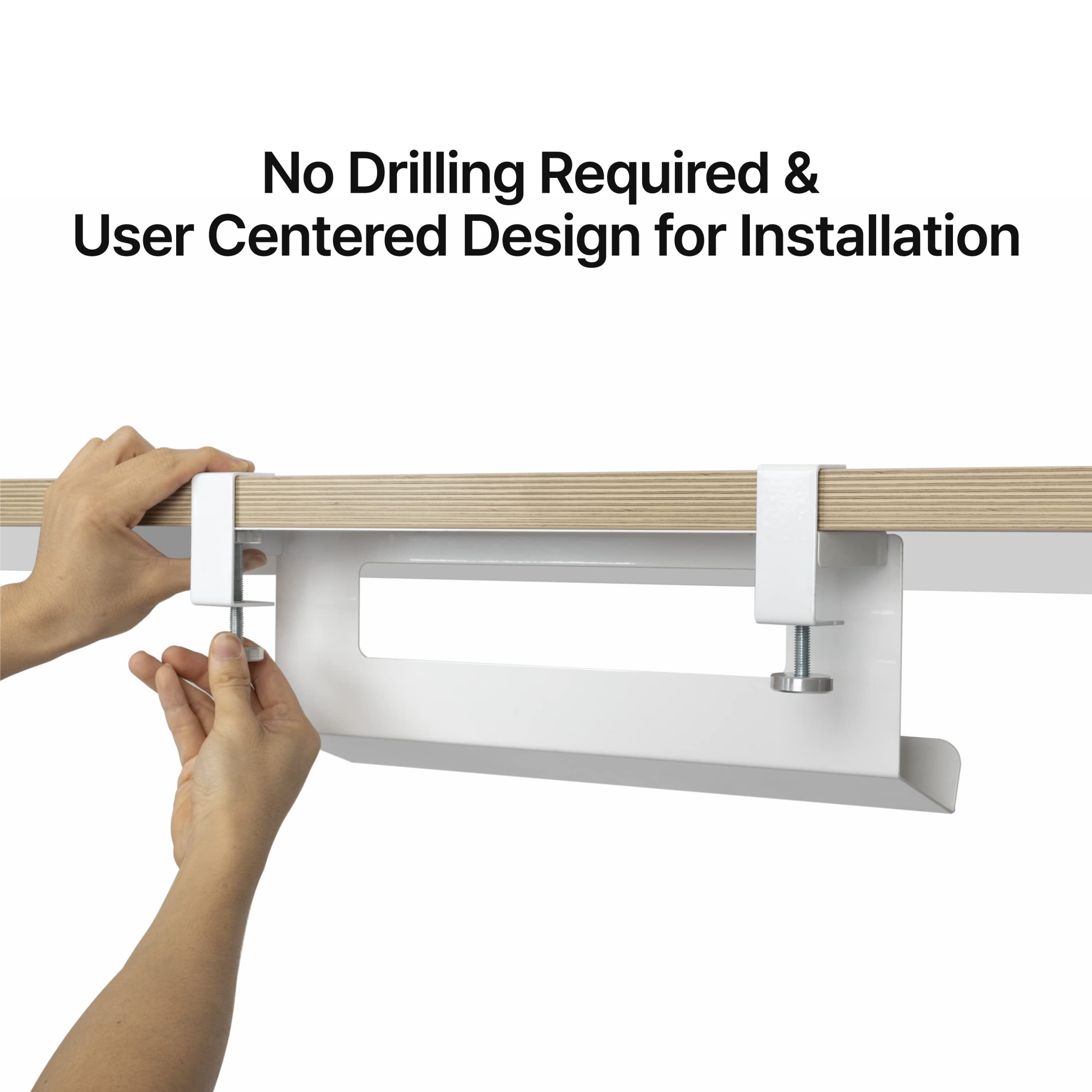 Under Desk Cable Management Tray - No Drill Wire Organizer & Cord Hider for Office, Home Desk - White Cable Manager for Computer, TV, Gaming Setup