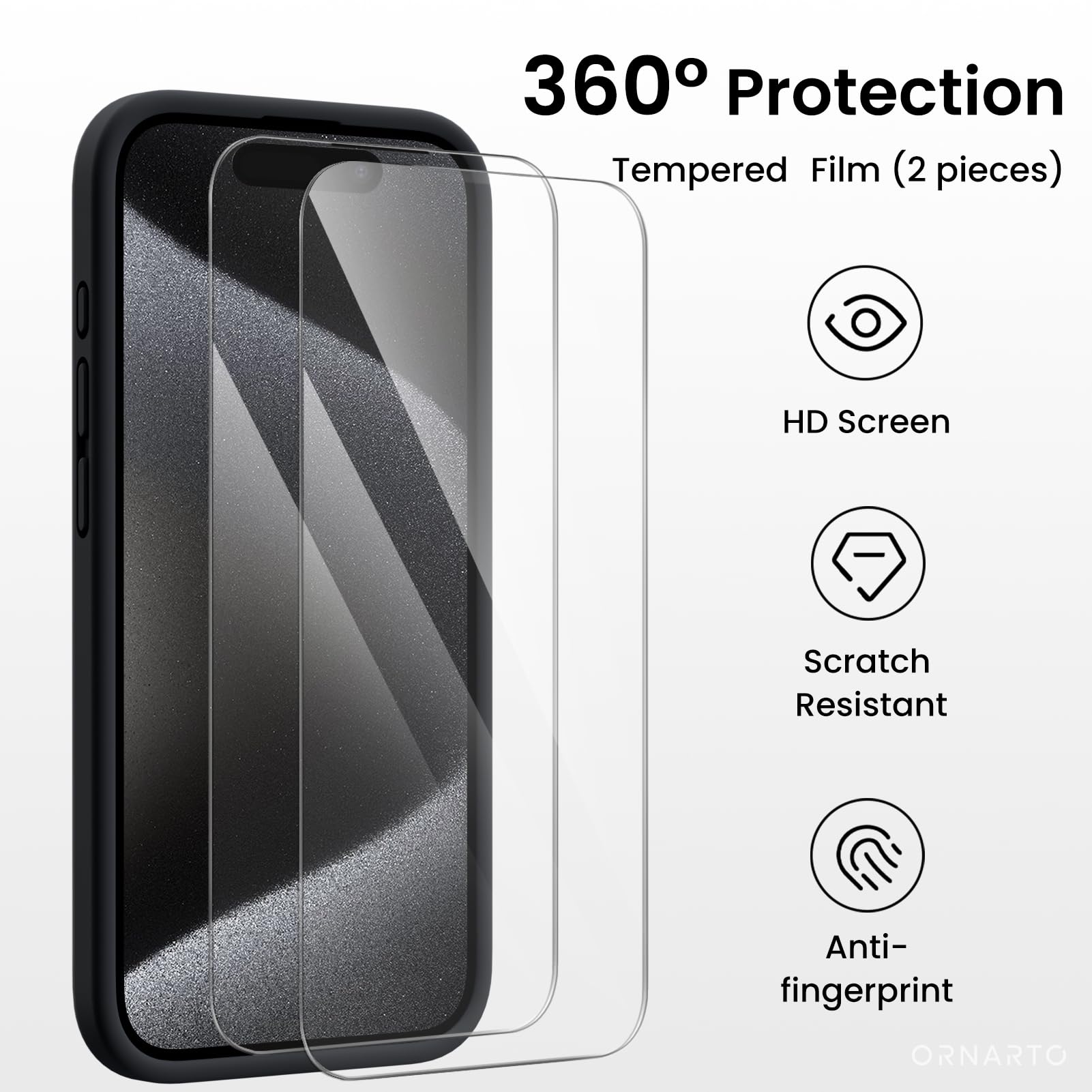 ORNARTO Shockproof Liquid Silicone Case for iPhone 15 Pro with 2 Pack Screen Protectors | Drop Protection Phone Cover | Slim Fit Durable Design | Perfect for Work, Travel & Outdoor Activities (Black)
