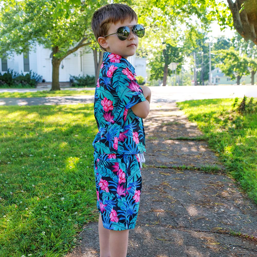 UNICOMIDEA Boys Hawaiian Shirt & Swim Trunks Set - Tropical Print 2-Piece Outfit for Kids 5-12 Years | Beach Vacation, Pool Party, Summer Outing