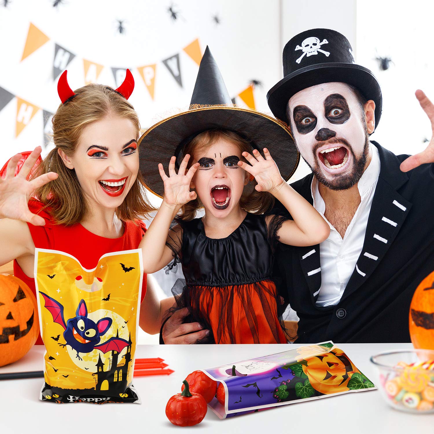 100-Piece Halloween Plastic Candy Bags - 5 Jack-O-Lantern Pumpkin Designs for Trick or Treat, Party Favors & Goodie Bags | Perfect for Halloween Parties, School Events & Neighborhood Treat Distribution