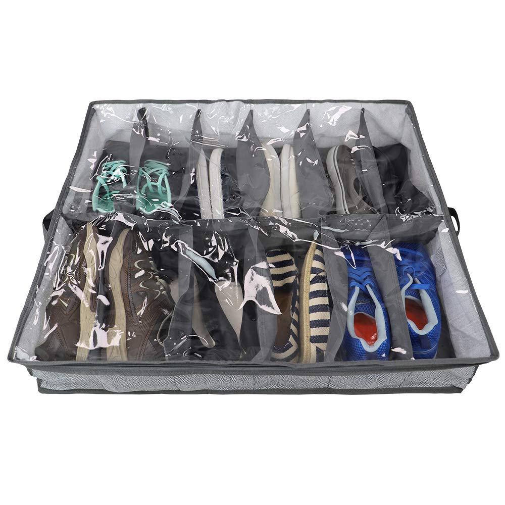 Home Basics Herringbone Closet Storage Organizer - 1-Pack Under Bed Shoe Storage Box with Lid for Bedroom, Closet & Dorm Organization - Perfect for Shoes, Clothes & Seasonal Items Storage