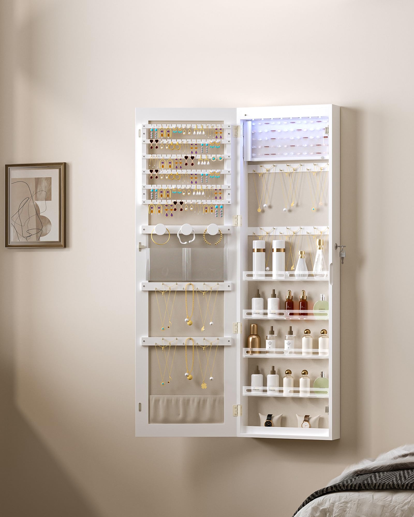 8 LED Lighted Jewelry Cabinet with Mirror - 47.2 Inch Lockable Jewelry Armoire Organizer for Wall/Door Mount, 6 Earring Shelves & 2 Makeup Pockets, White & Beige (JC12003BE) - Perfect for Bedroom, Closet, Dressing Room Organization and Gift Giving