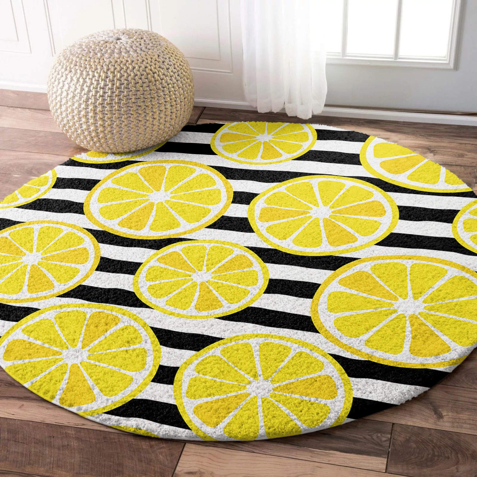 Ultra Soft Fluffy Shag Round Area Rug 3.3ft - Tropical Lemon Slice Summer Fruit Pattern, Absorbent Non-Slip Circle Carpet for Living Room, Dining Room, Nursery - Black & White Stripes | Perfect for Cozy Home Decor, Kids Play Area & Bedroom Accent