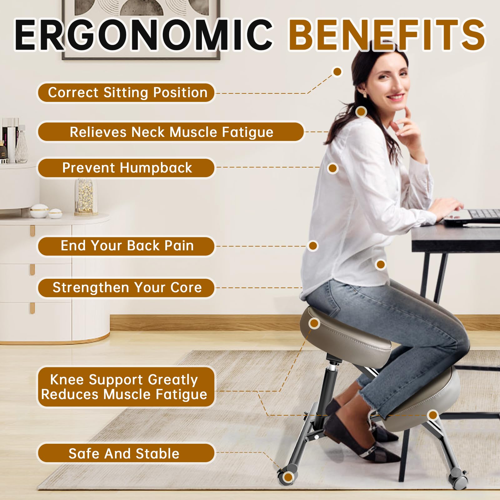 PU Leather Ergonomic Kneeling Office Chair - Adjustable Home & Office Stool with Thick Pads & Lockable Wheels for Back Pain Relief (Brown) | Perfect for Home Office, Meditation & Posture Correction