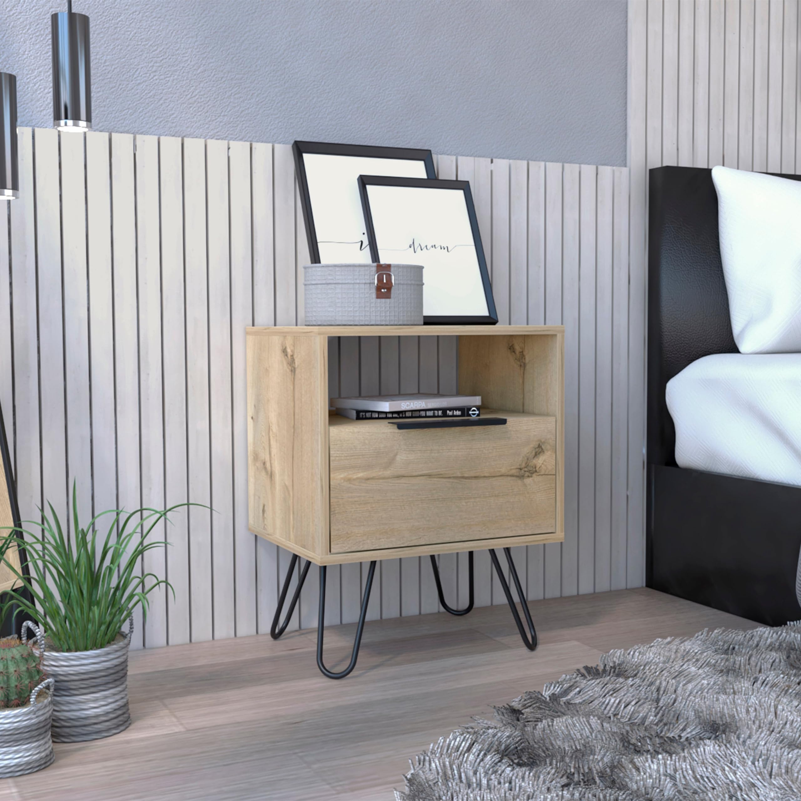 Tuhome Augusta Nightstand with Single Door Cabinet & Hairpin Legs in Light Oak - Modern Bedside Table for Bedroom, Living Room, or Office Storage