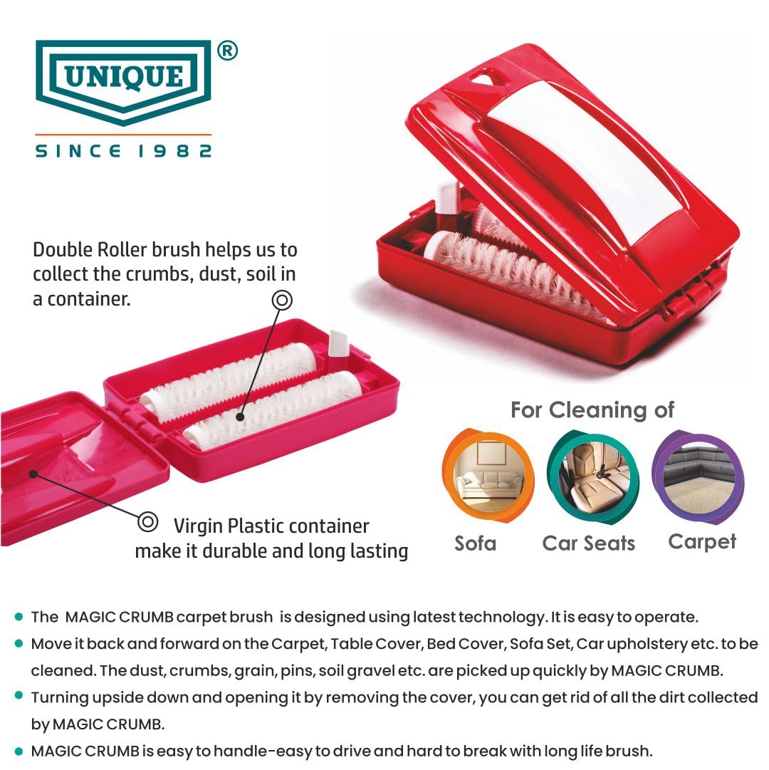 Premium Magic Crumb Sweeper - Double Soft Nylon Rollers for Carpet, Sofa, Bed & Car Seat Cleaning | Dust & Debris Removal Brush | Virgin Plastic Body (Pack of 1) | Perfect for Home, Office & Vehicle Use
