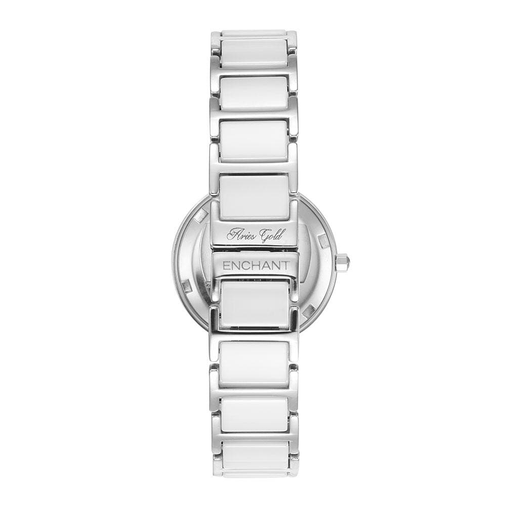 ARIES GOLD ENCHANT Silver Stainless Steel Women's Watch with White Ceramic Band - Elegant Dress Watch for Business, Party & Special Occasions